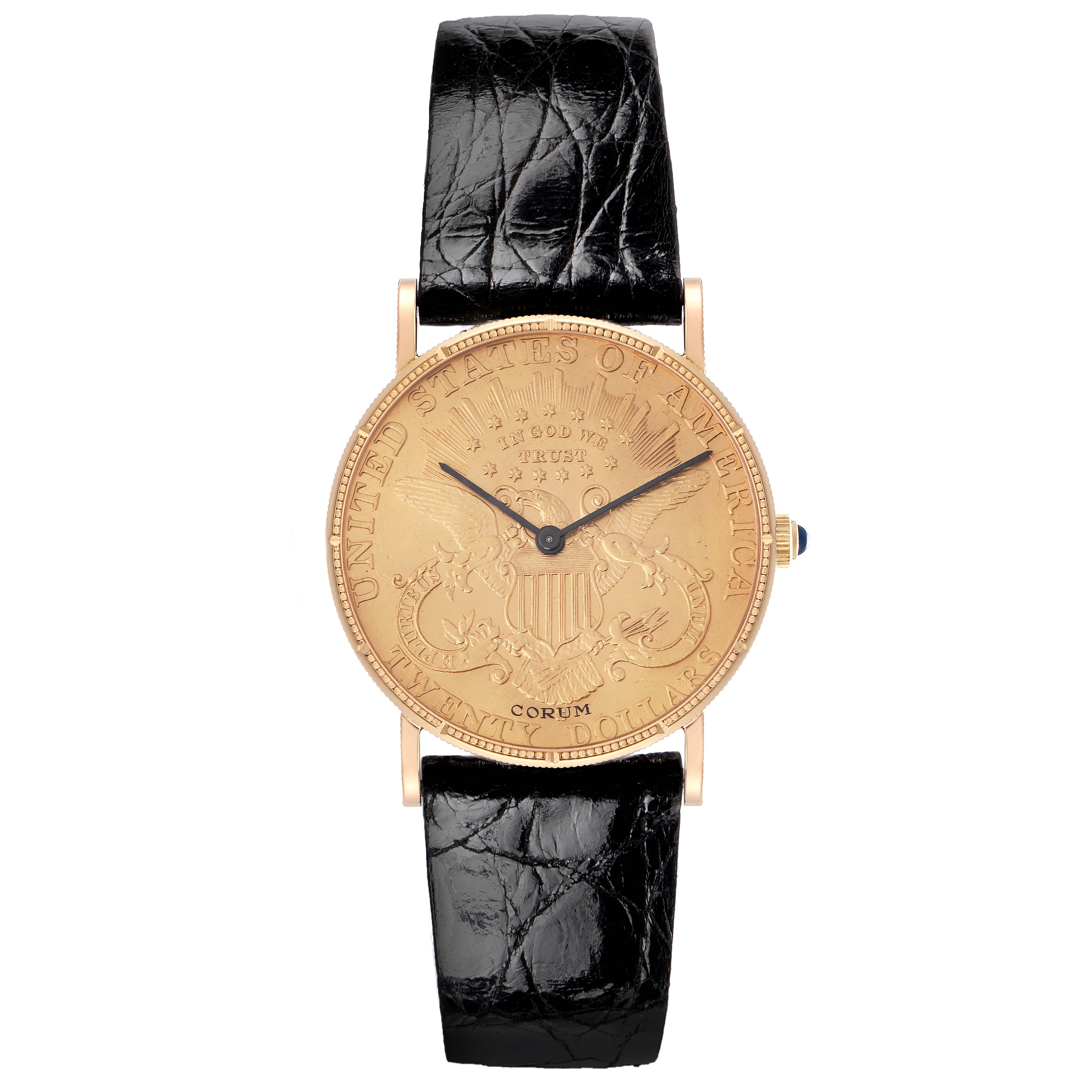 The Corum Coin Watch 4414556 Men
s Yellow Gold Champagne Dial 4414556 Men
s Yellow Gold Champagne Dial is shown from a front angle, displaying its coin-style face and black leather strap.