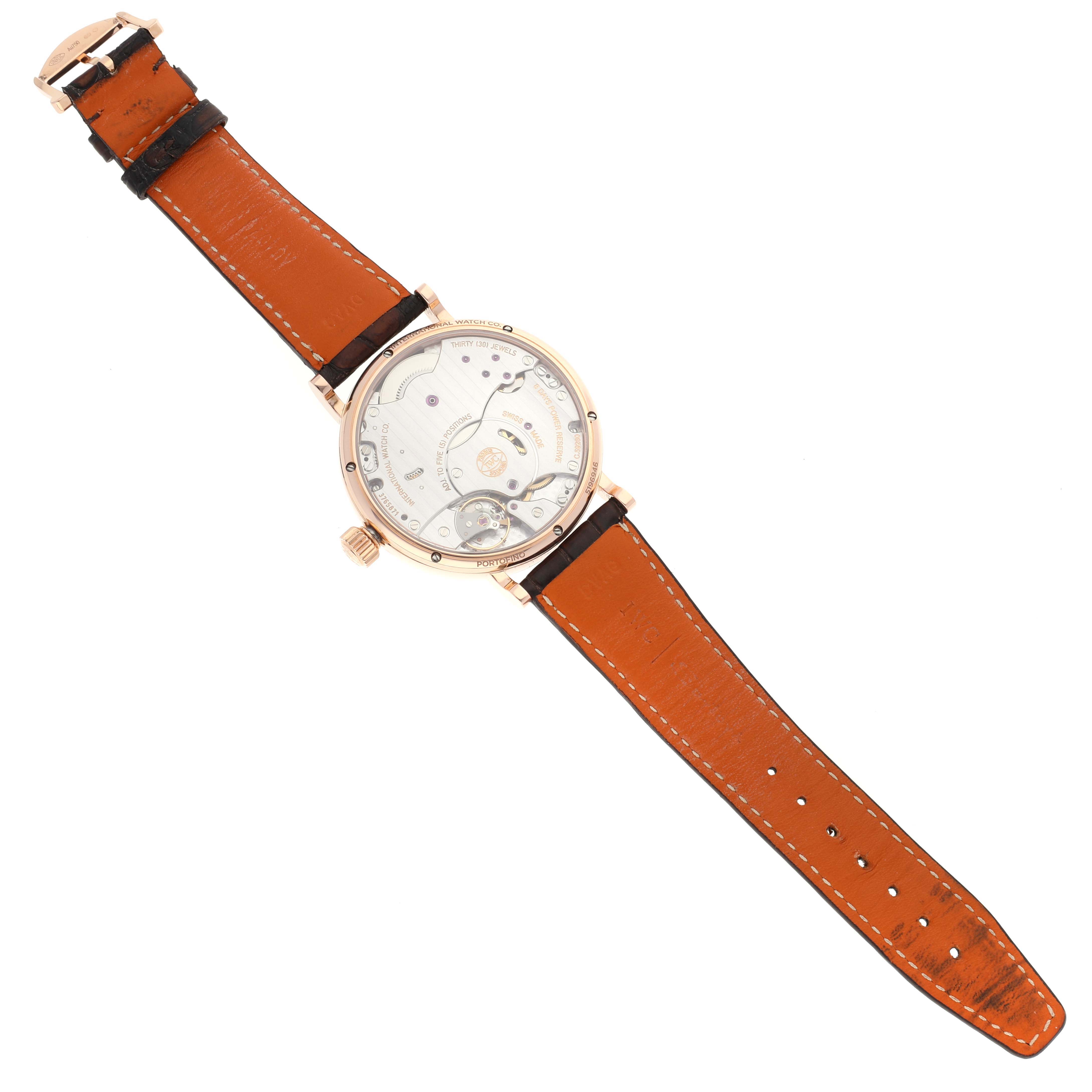 The image shows the back view of an IWC Portofino IW516102 Men's Rose Gold Silver Dial IW516102 Men's Rose Gold Silver Dial watch, displaying its inner mechanical movement and leather strap.
