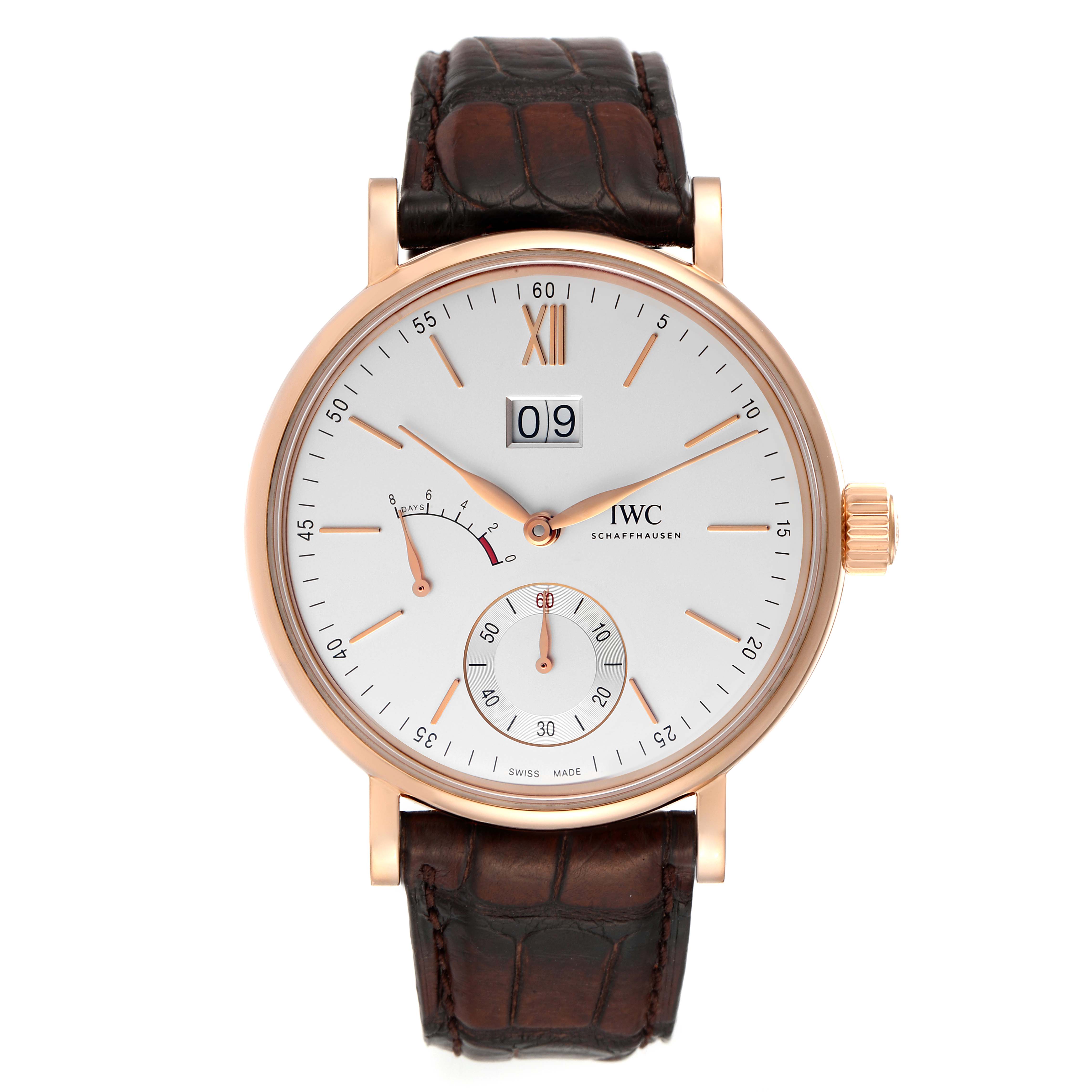 This image shows a front view of an IWC Portofino IW516102 Men's Rose Gold Silver Dial IW516102 Men's Rose Gold Silver Dial watch with a brown leather strap and a gold case.