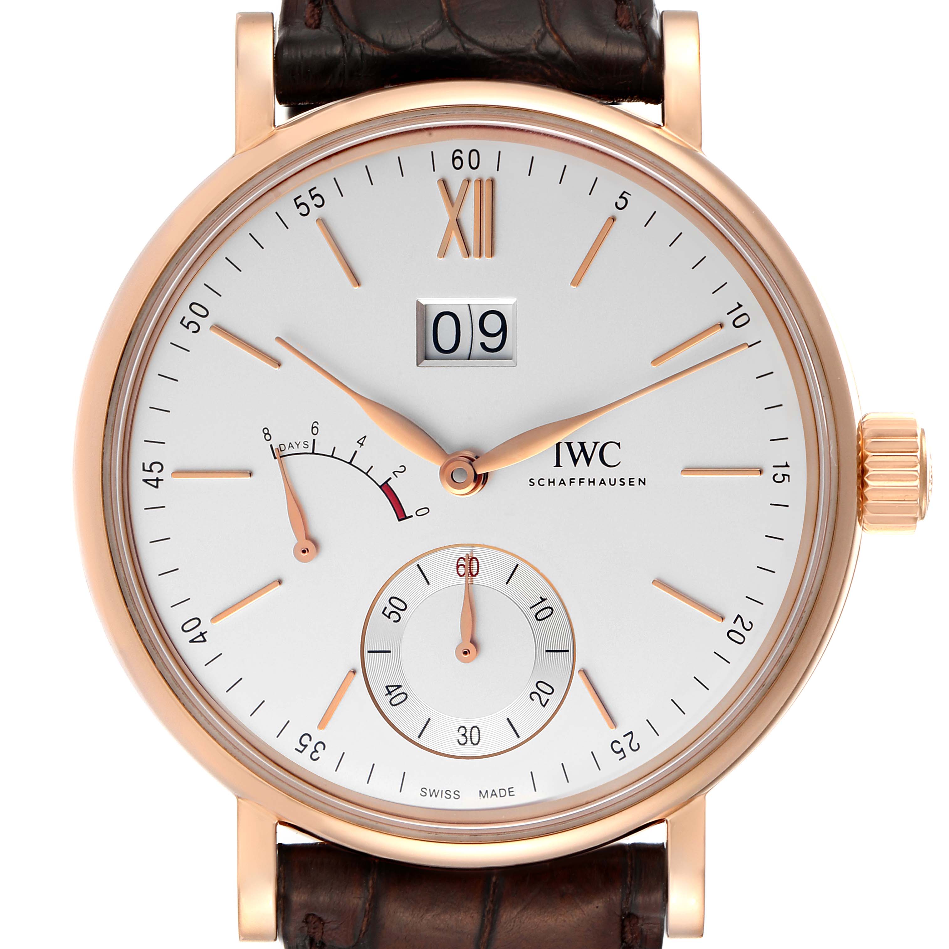 The image shows a close-up front view of the IWC Portofino IW516102 Men's Rose Gold Silver Dial IW516102 Men's Rose Gold Silver Dial watch face, including its hands, subdials, date window, and crown.