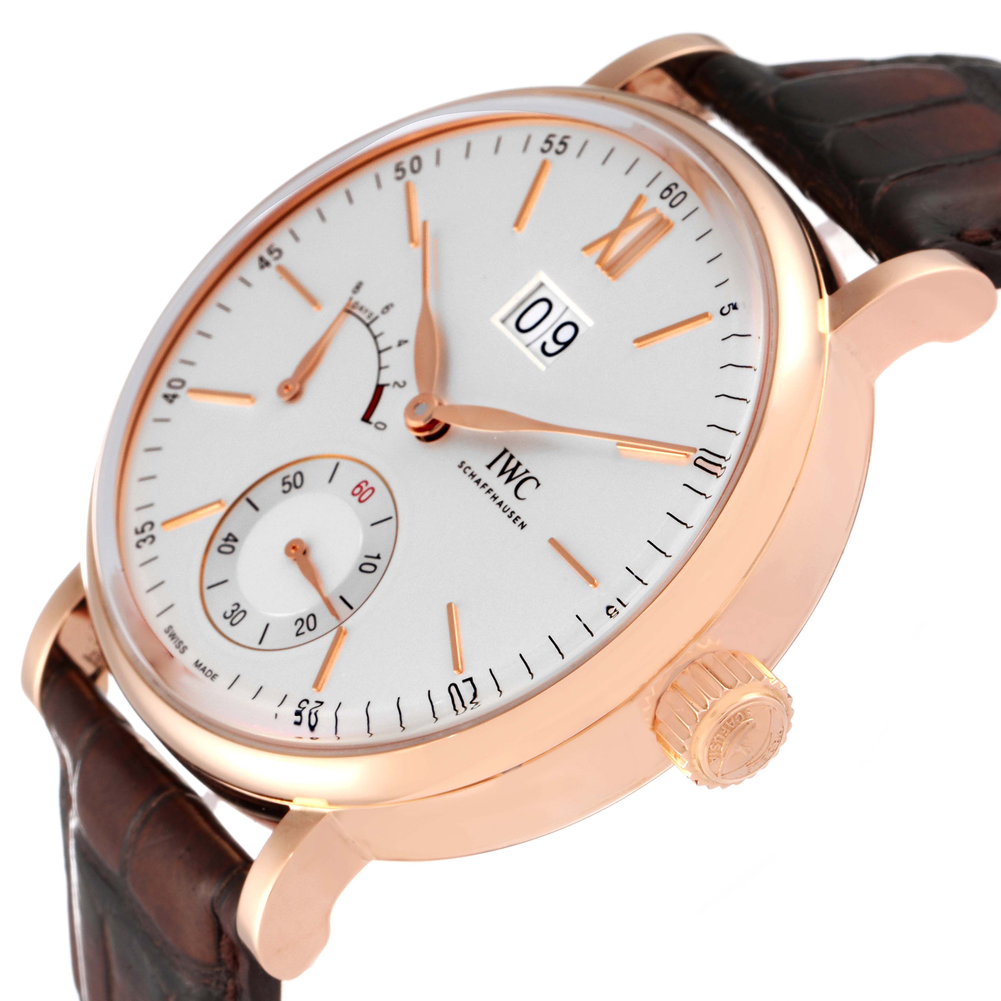 The image displays a Portofino model by IWC from an angled side view, showcasing its dial, case, crown, and leather strap.