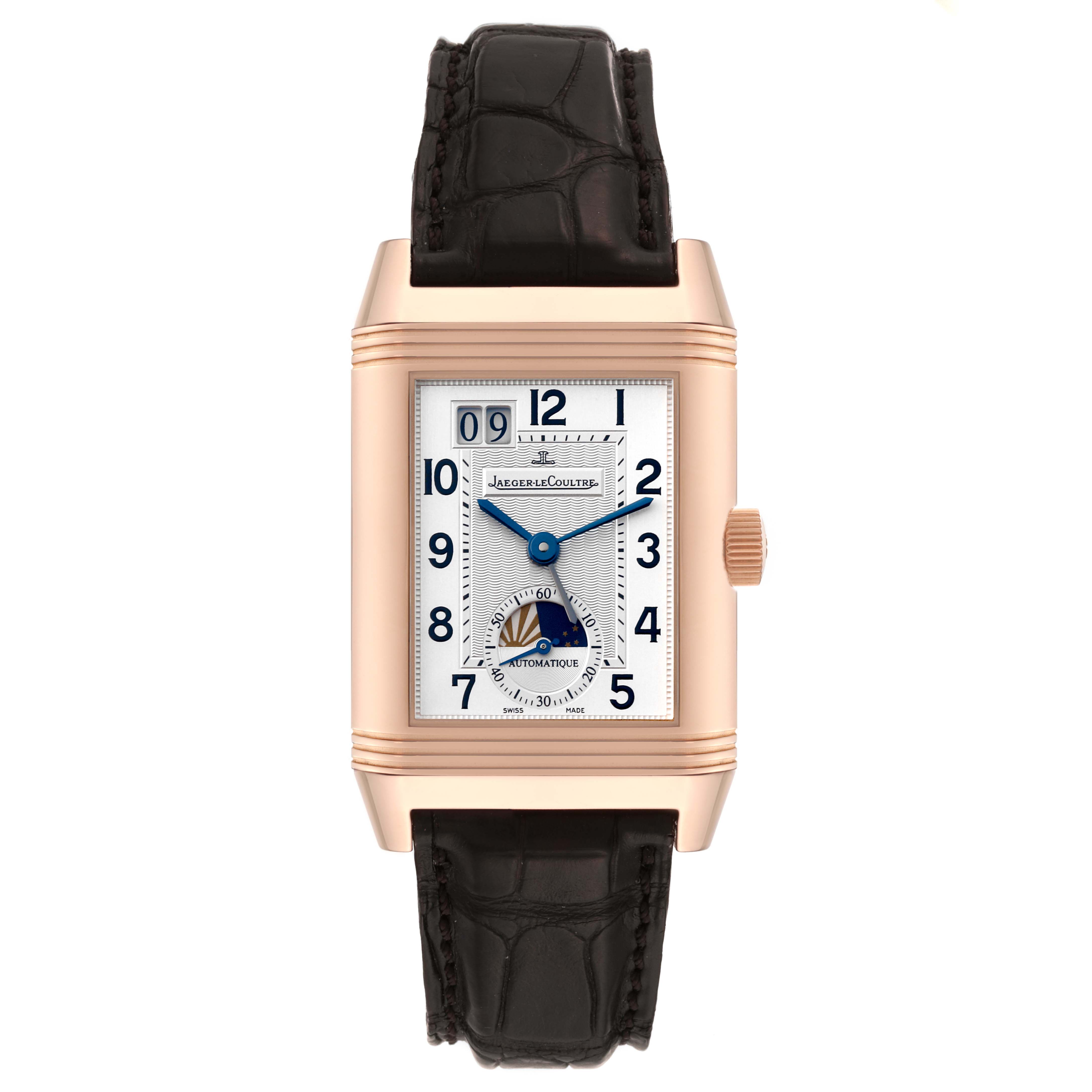 This Jaeger LeCoultre Reverso Q3032420 Men's Rose Gold Silver Dial Q3032420 Men's Rose Gold Silver Dial watch is shown from a frontal angle, displaying the face, rectangular case, black strap, and crown.