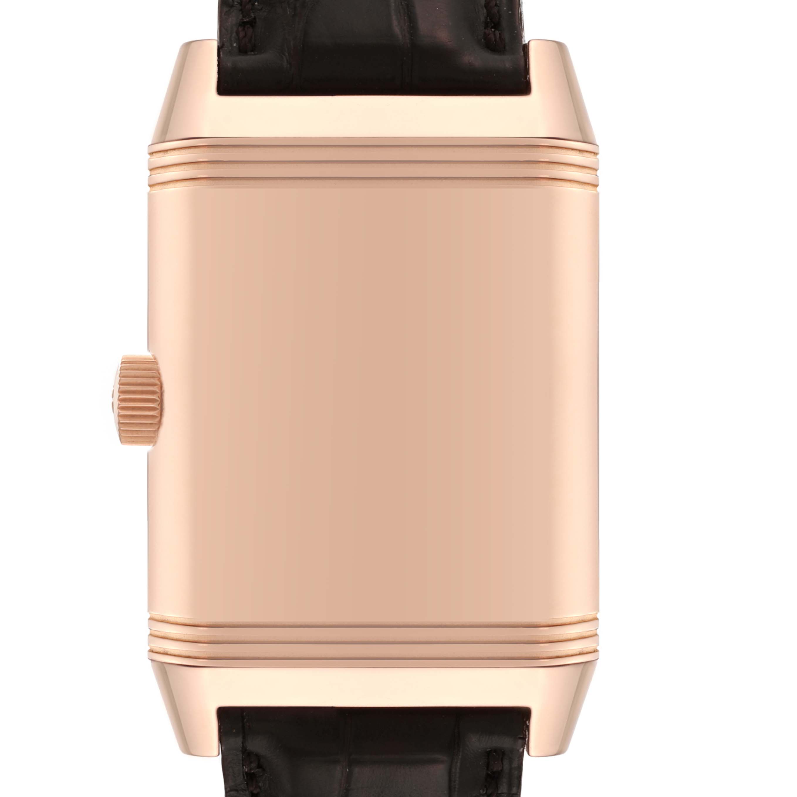 This image shows the side view of a Jaeger-LeCoultre Reverso watch, highlighting the crown and strap attachment.