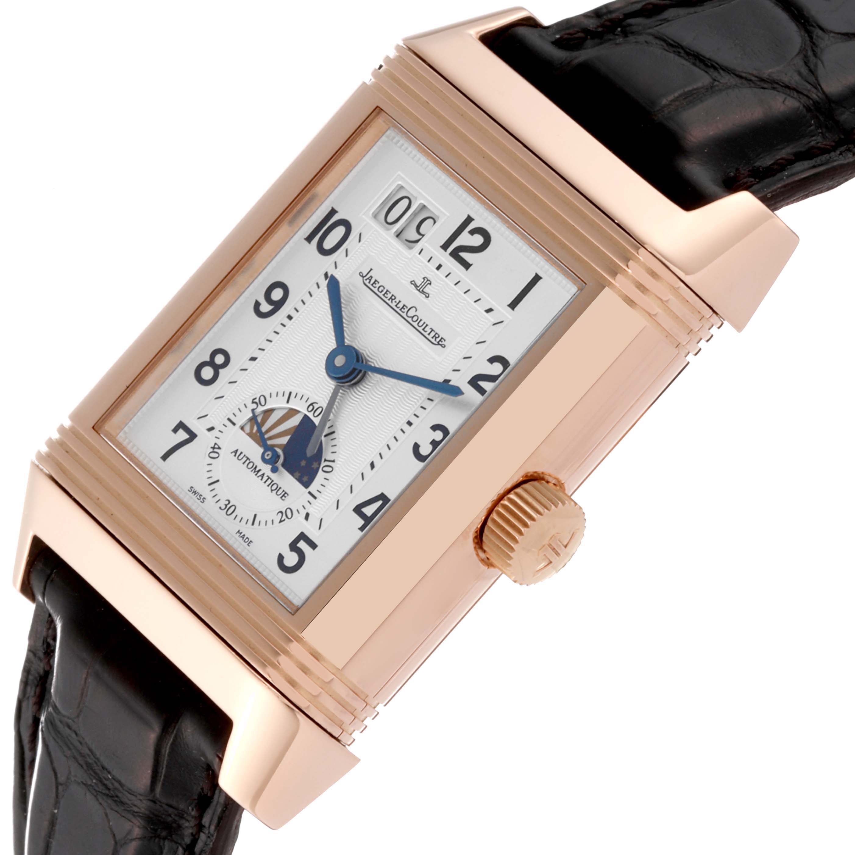 The image shows a close-up, angled view of the Jaeger LeCoultre Reverso Q3032420 Men's Rose Gold Silver Dial Q3032420 Men's Rose Gold Silver Dial watch, highlighting the dial, crown, and leather strap.