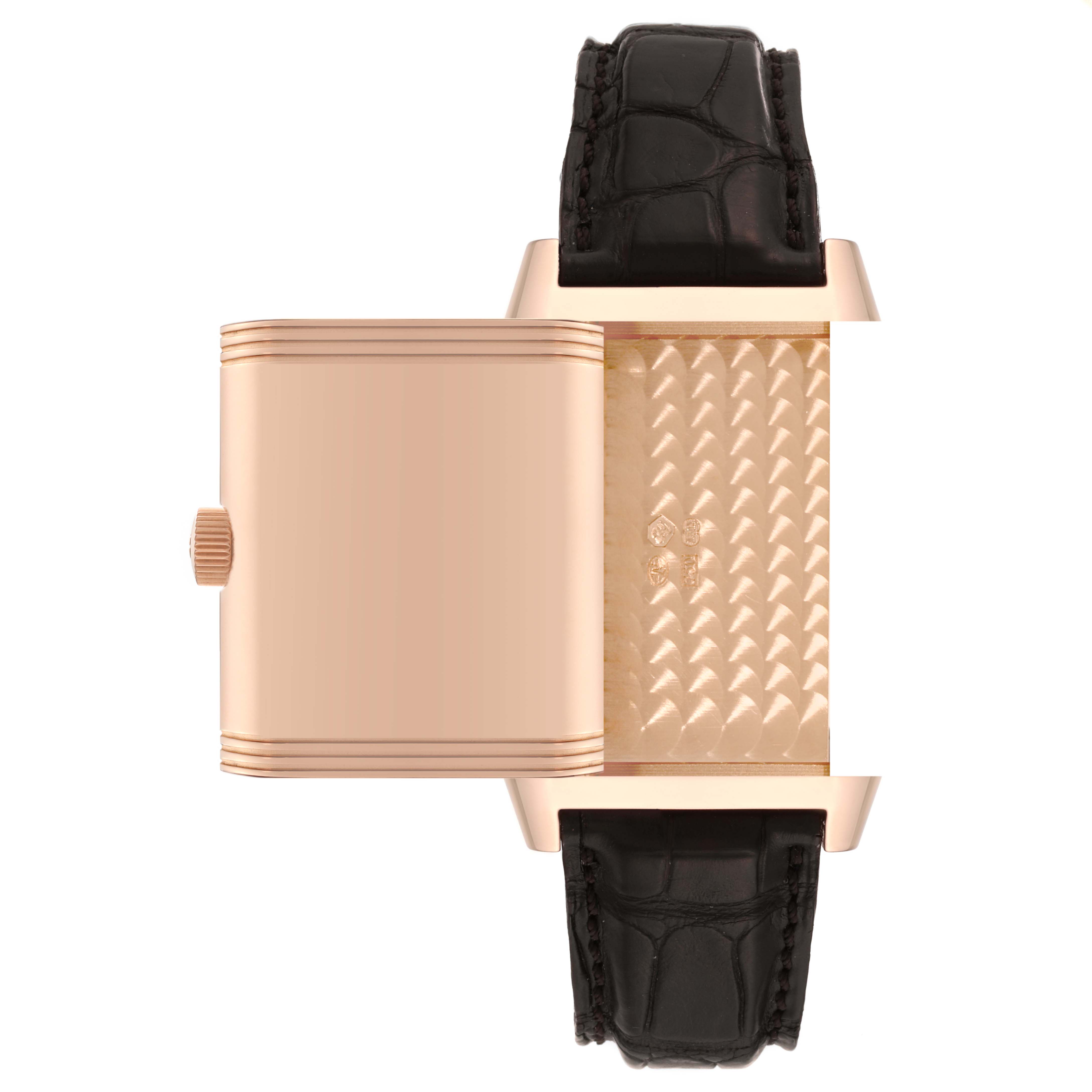 The image shows a Jaeger LeCoultre Reverso Q3032420 Men's Rose Gold Silver Dial Q3032420 Men's Rose Gold Silver Dial model watch from a top-down angle featuring its case back and strap.