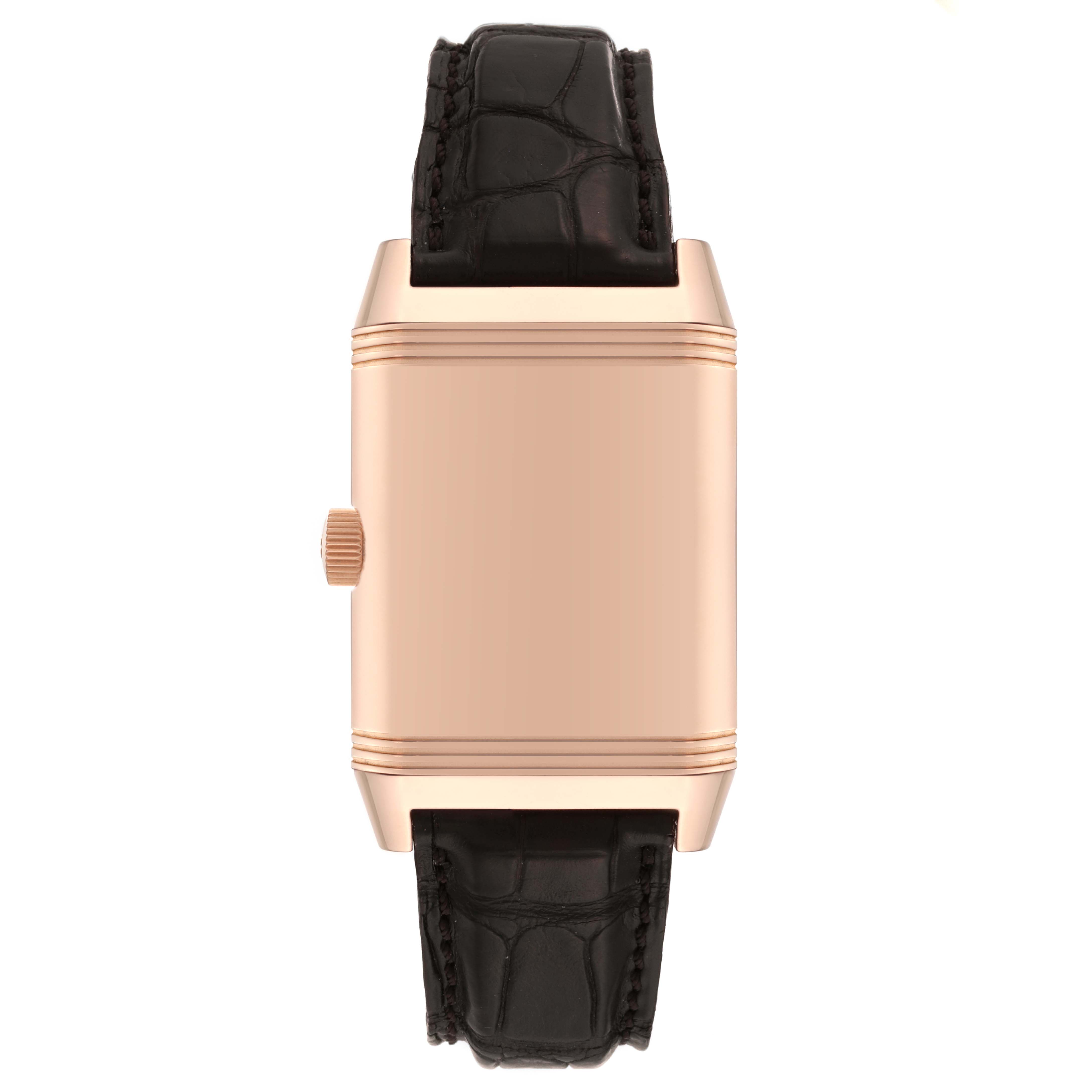 This image shows a front view of the Jaeger LeCoultre Reverso Q3032420 Men's Rose Gold Silver Dial Q3032420 Men's Rose Gold Silver Dial watch focusing on the case and strap without the watch face.