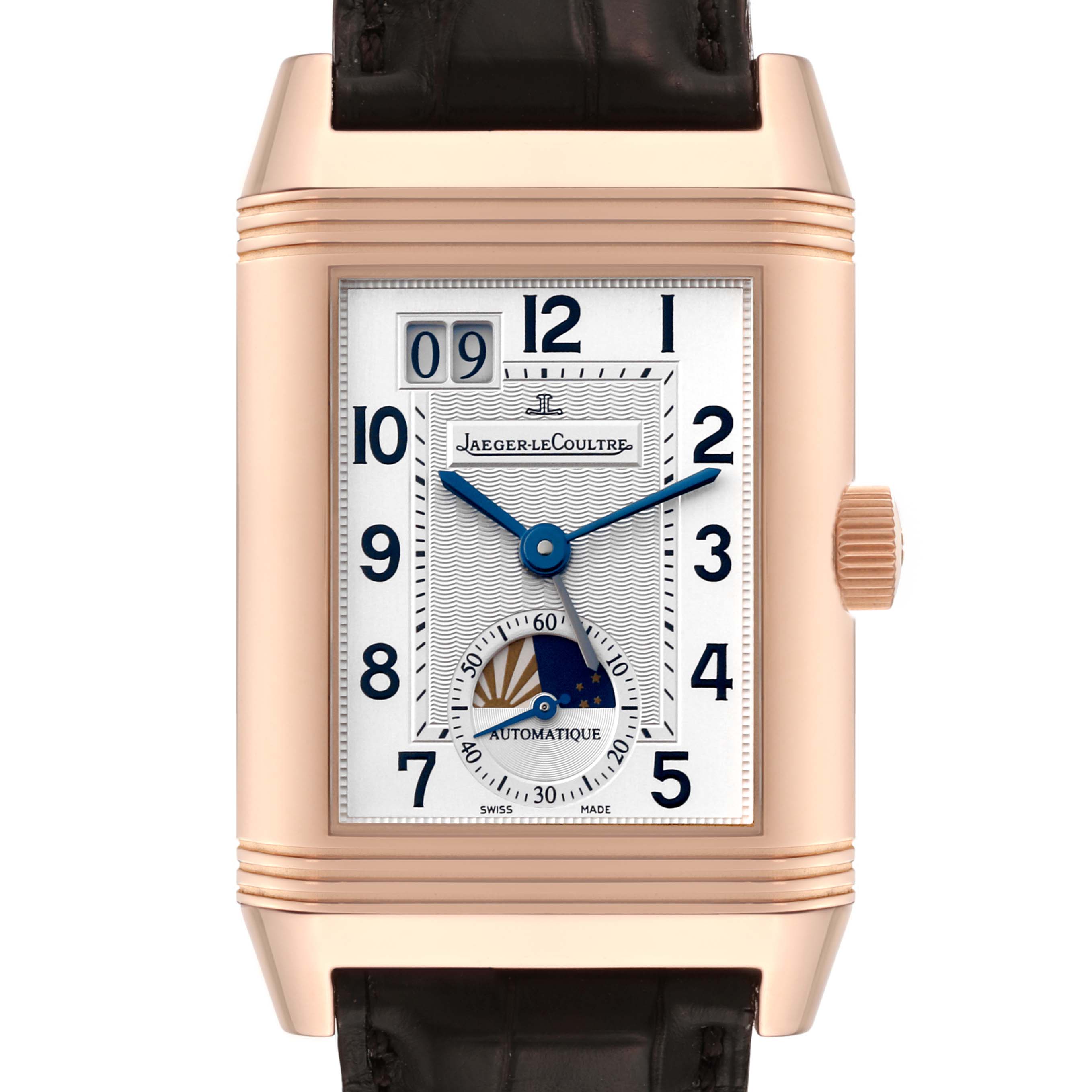 This image shows a front view of a Jaeger-LeCoultre Reverso watch, highlighting its dial, hands, crown, and leather strap.