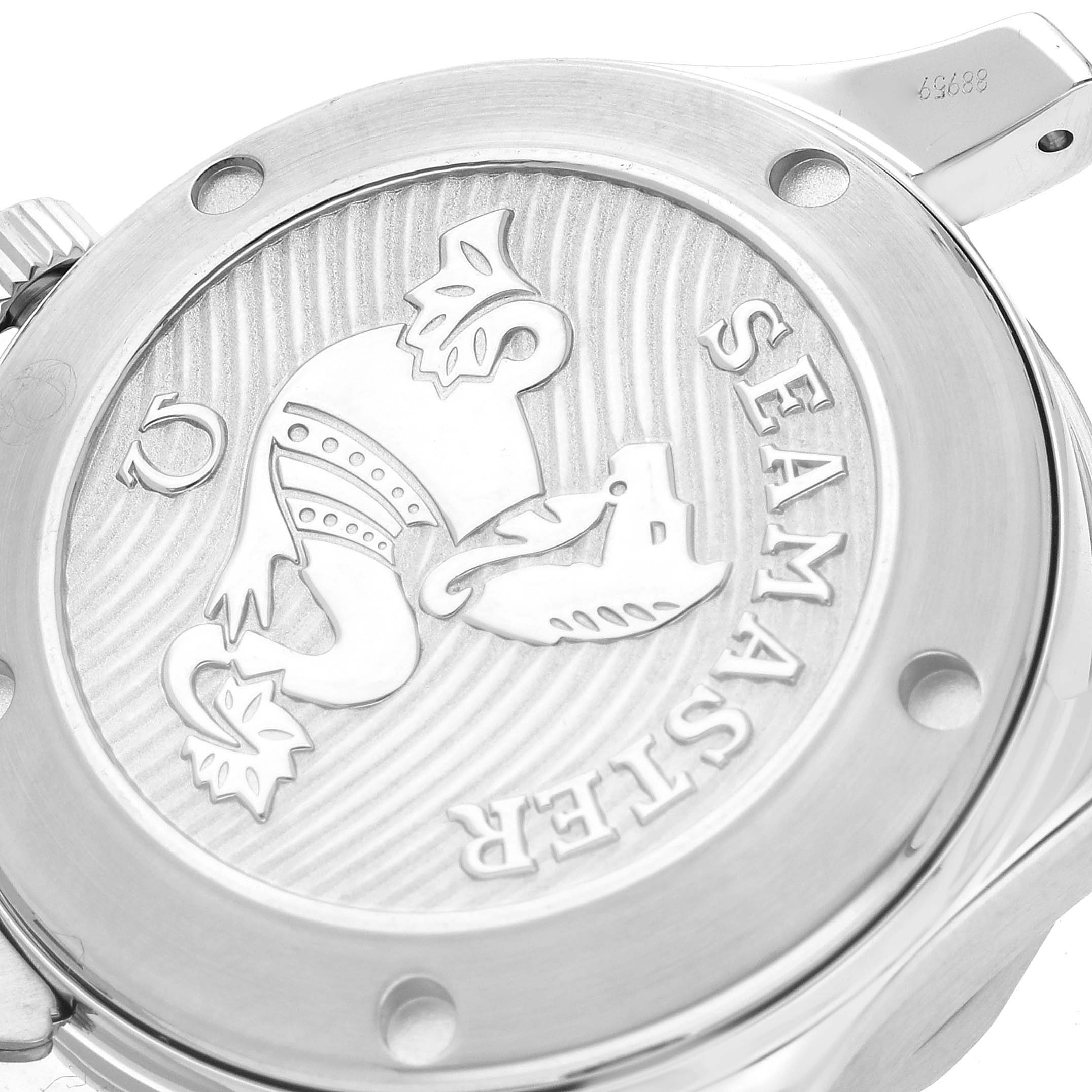 This image shows the back case of the Omega Seamaster 212.30.36.20.01.002 Men
s Stainless Steel Black Dial 212.30.36.20.01.002 Men
s Stainless Steel Black Dial watch, featuring the engraved logo and "Seamaster" text.