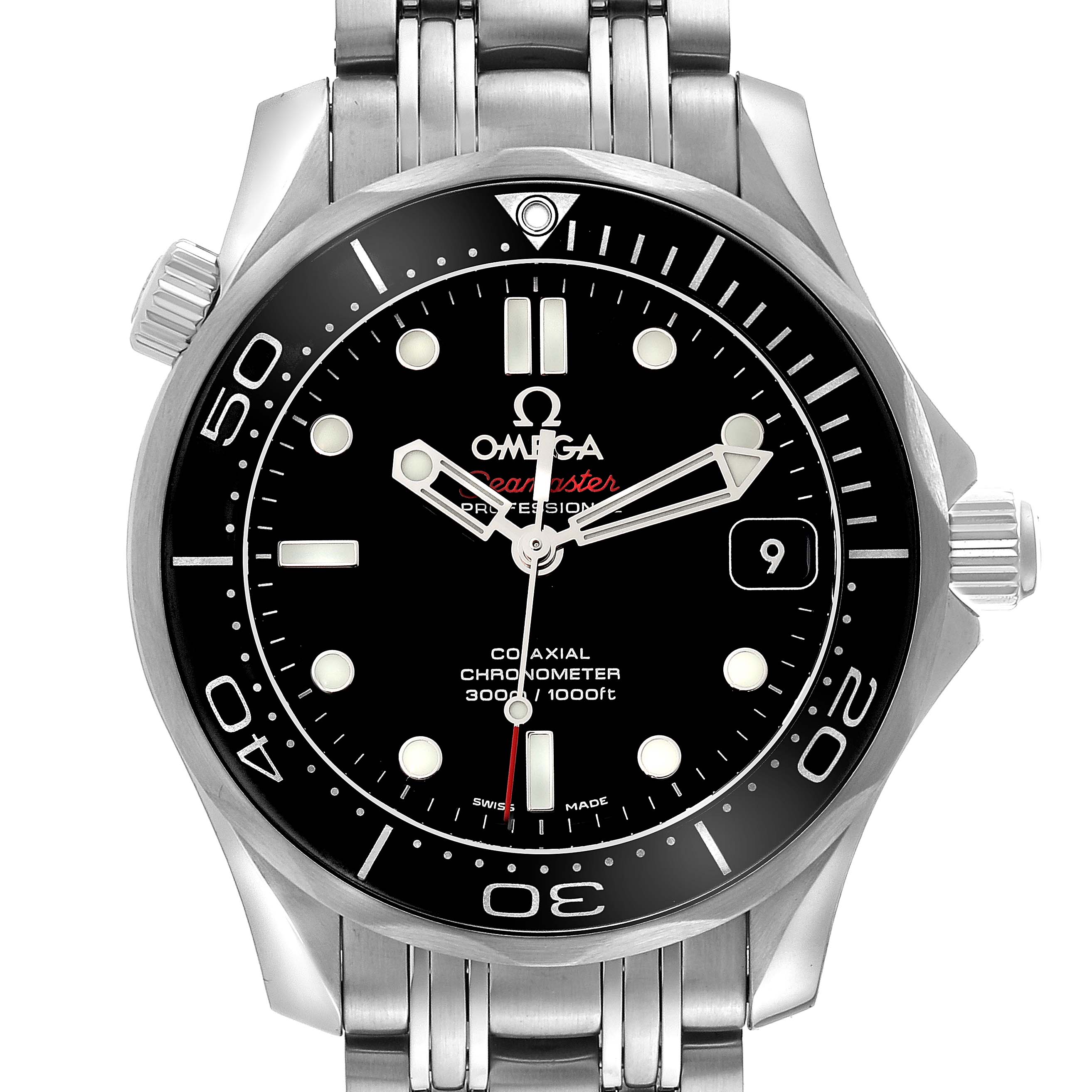 The image shows a straight-on view of an Omega Seamaster 212.30.36.20.01.002 Men
s Stainless Steel Black Dial 212.30.36.20.01.002 Men
s Stainless Steel Black Dial watch, highlighting its dial, bezel, crown, and stainless steel bracelet.