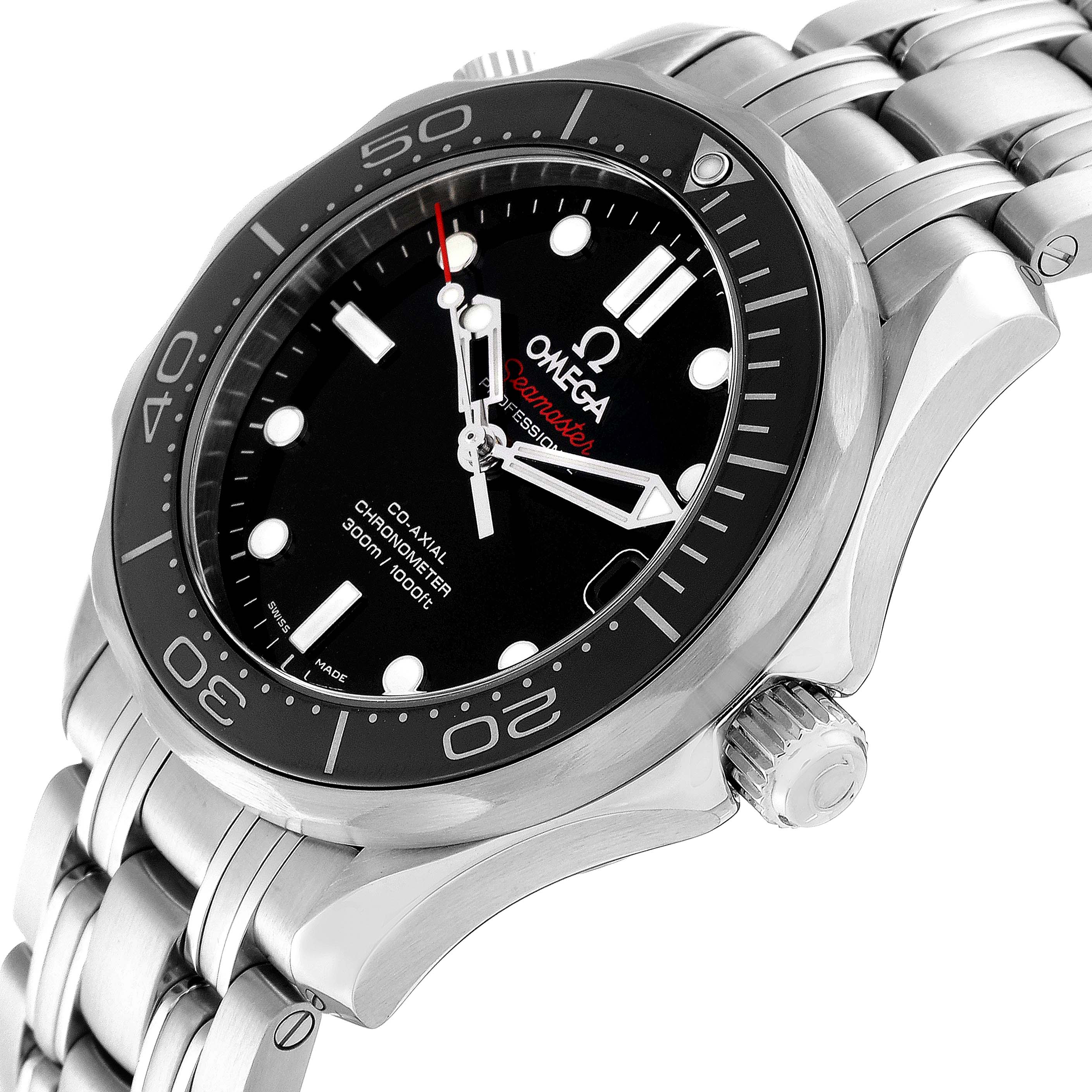This image shows an angled close-up of the Omega Seamaster 212.30.36.20.01.002 Men
s Stainless Steel Black Dial 212.30.36.20.01.002 Men
s Stainless Steel Black Dial watch, highlighting its black dial, bezel, case, and part of the bracelet.
