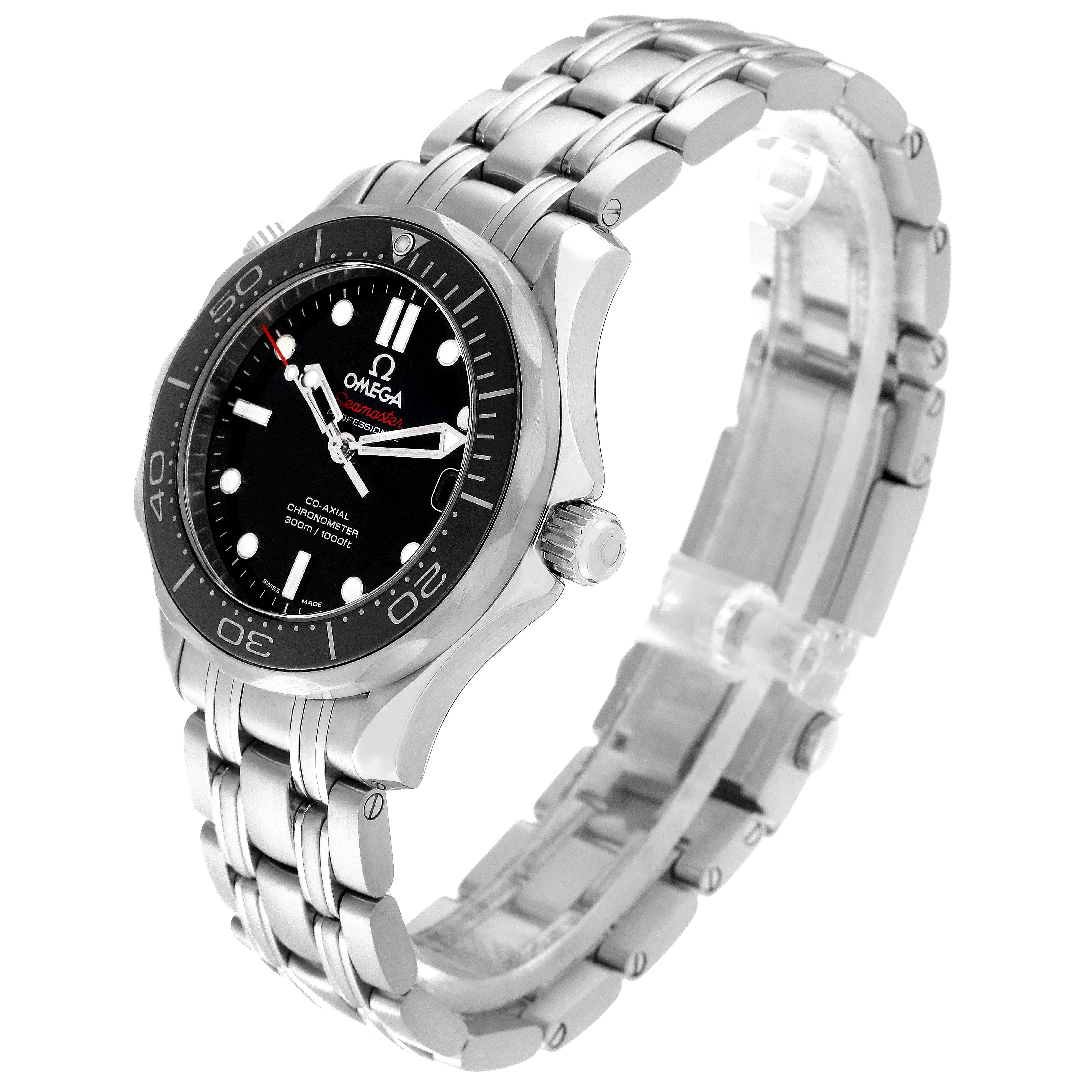 This Omega Seamaster 212.30.36.20.01.002 Men
s Stainless Steel Black Dial 212.30.36.20.01.002 Men
s Stainless Steel Black Dial watch is shown at a three-quarter angle, displaying the face, bezel, crown, and metal bracelet.
