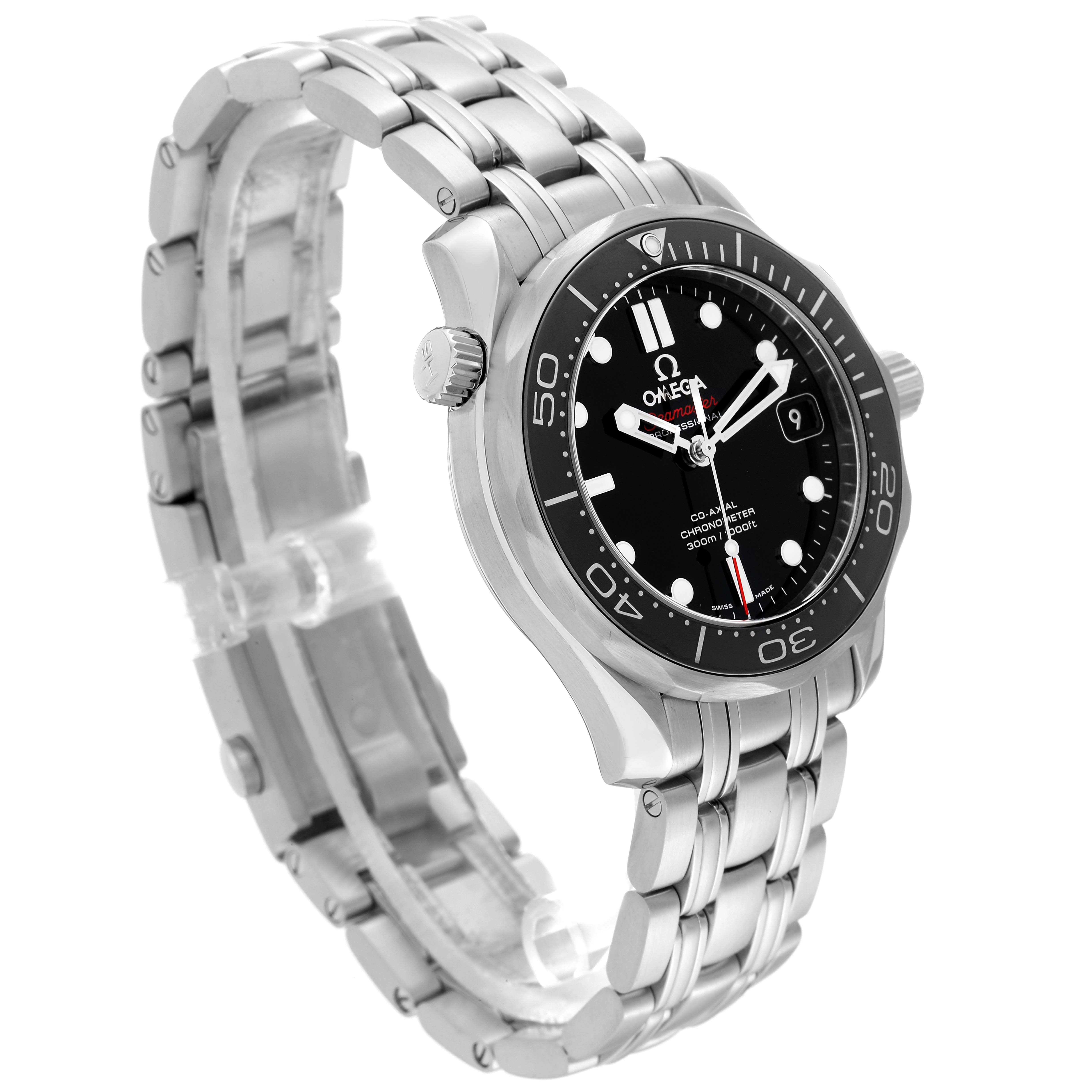 The Omega Seamaster 212.30.36.20.01.002 Men
s Stainless Steel Black Dial 212.30.36.20.01.002 Men
s Stainless Steel Black Dial watch is shown at a diagonal angle, displaying the stainless steel bracelet, bezel, and dial with markers.