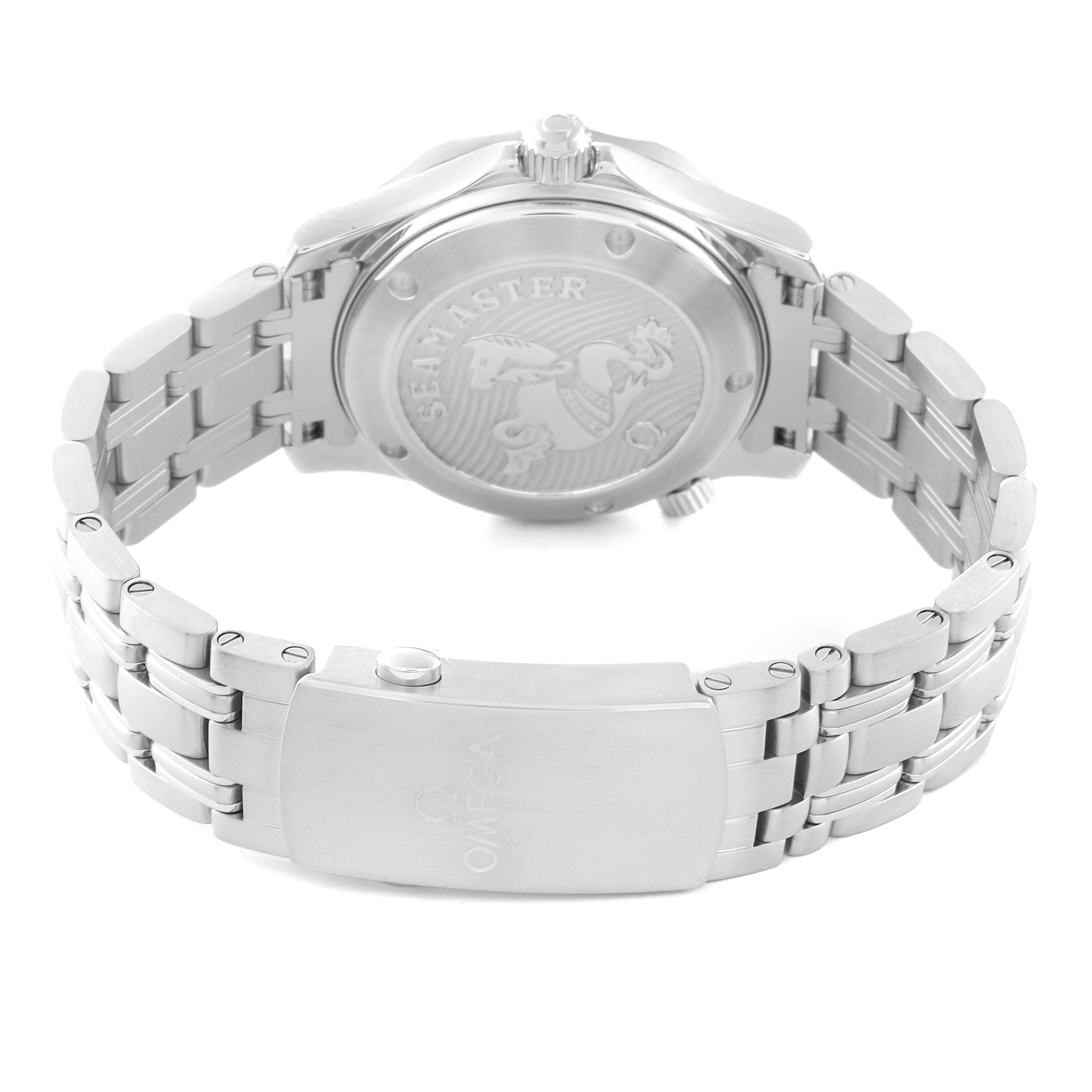 This image shows the back case and bracelet of the Omega Seamaster 212.30.36.20.01.002 Men
s Stainless Steel Black Dial 212.30.36.20.01.002 Men
s Stainless Steel Black Dial watch from a rear angle.