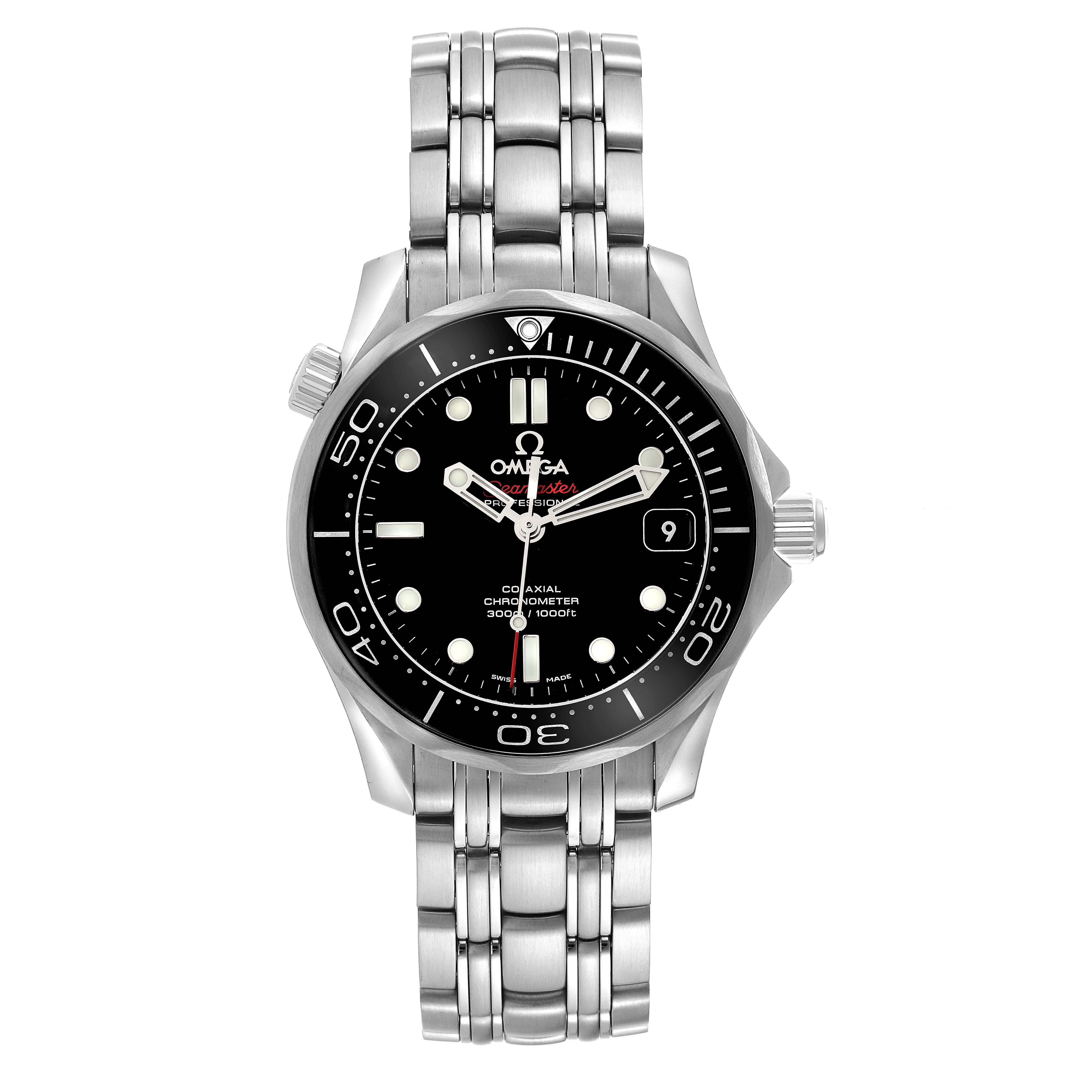 This image shows a front view of the Omega Seamaster 212.30.36.20.01.002 Men
s Stainless Steel Black Dial 212.30.36.20.01.002 Men
s Stainless Steel Black Dial watch featuring its black dial, rotating bezel, and stainless steel bracelet.