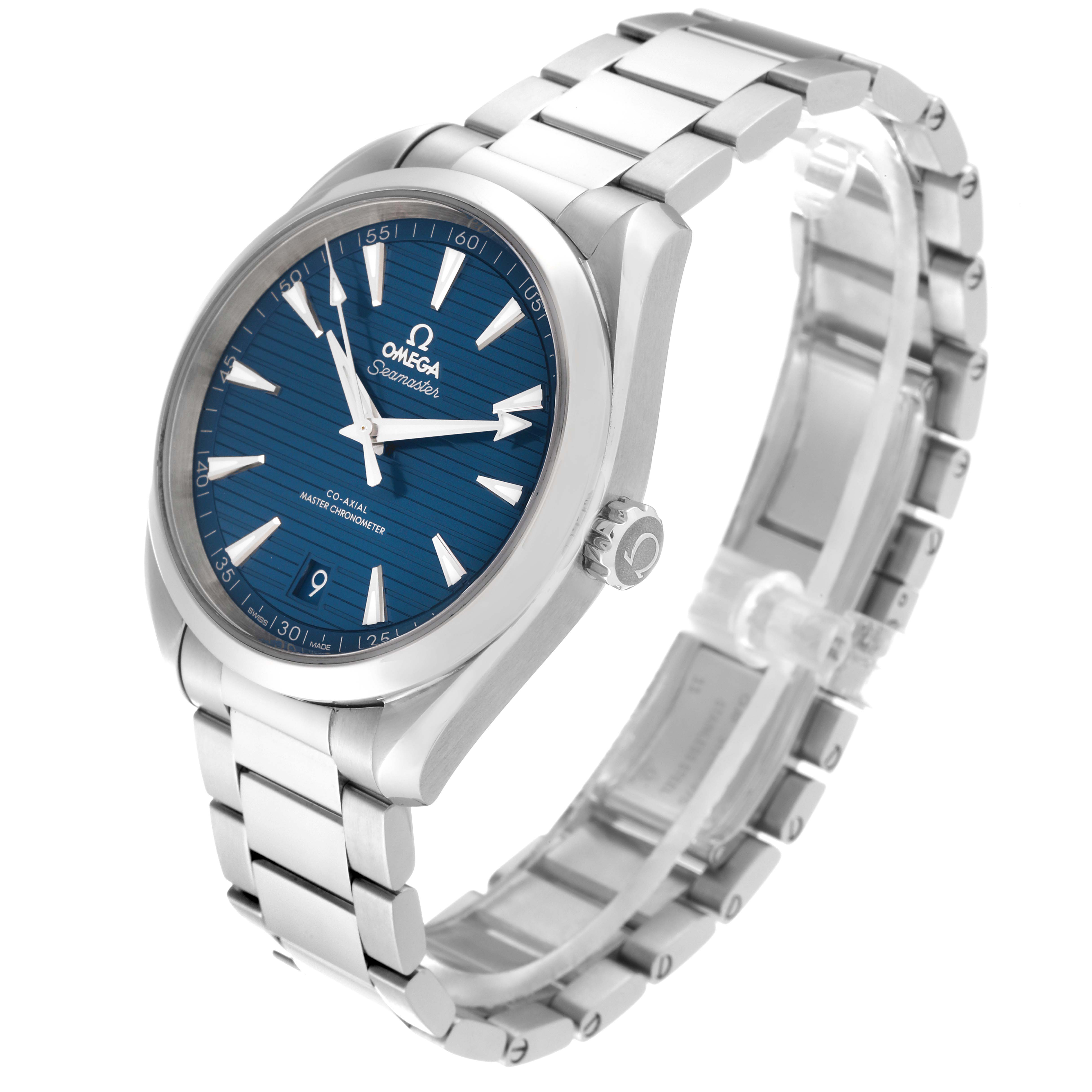 The Omega Aqua Terra 220.10.41.21.03.004 Men
s Stainless Steel Blue Dial 220.10.41.21.03.004 Men
s Stainless Steel Blue Dial watch is shown from an angled top view, displaying the dial, case, crown, and metal bracelet.