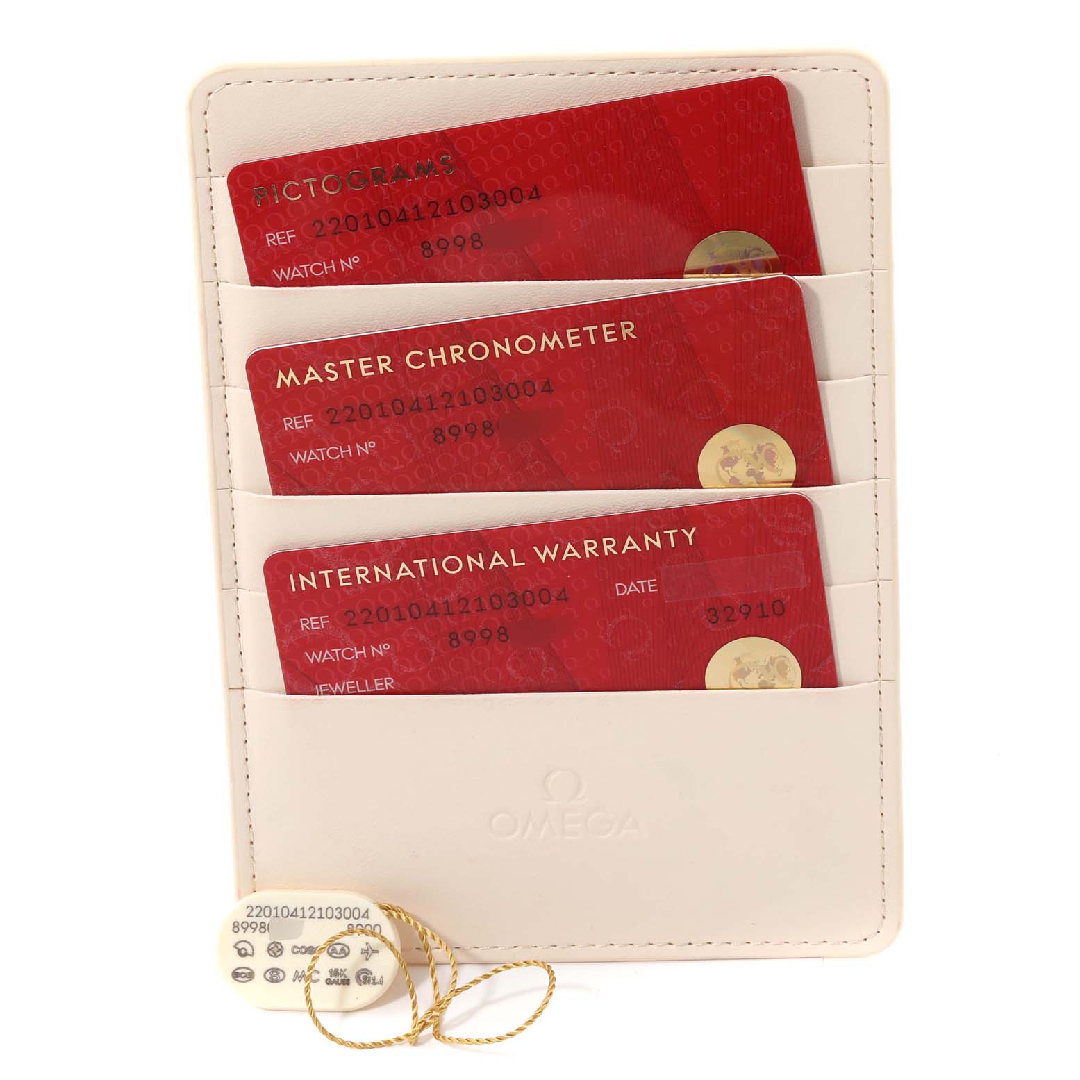 The image shows warranty and certification cards for the Omega Aqua Terra 220.10.41.21.03.004 Men
s Stainless Steel Blue Dial 220.10.41.21.03.004 Men
s Stainless Steel Blue Dial model, along with a tag, all placed in a white cardholder.