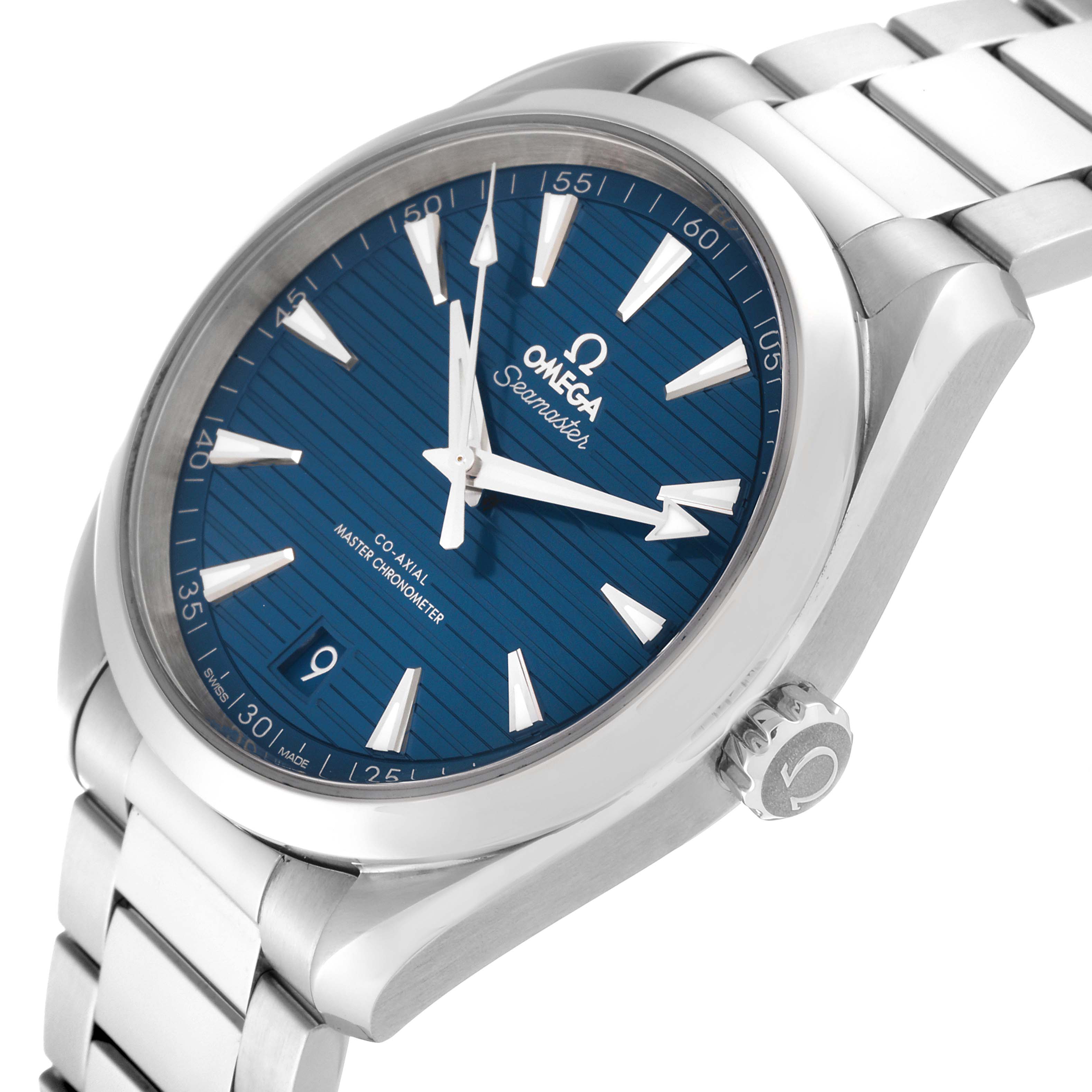 The Omega Aqua Terra 220.10.41.21.03.004 Men
s Stainless Steel Blue Dial 220.10.41.21.03.004 Men
s Stainless Steel Blue Dial watch is shown at an oblique angle, highlighting its blue dial, stainless steel bracelet, and crown.