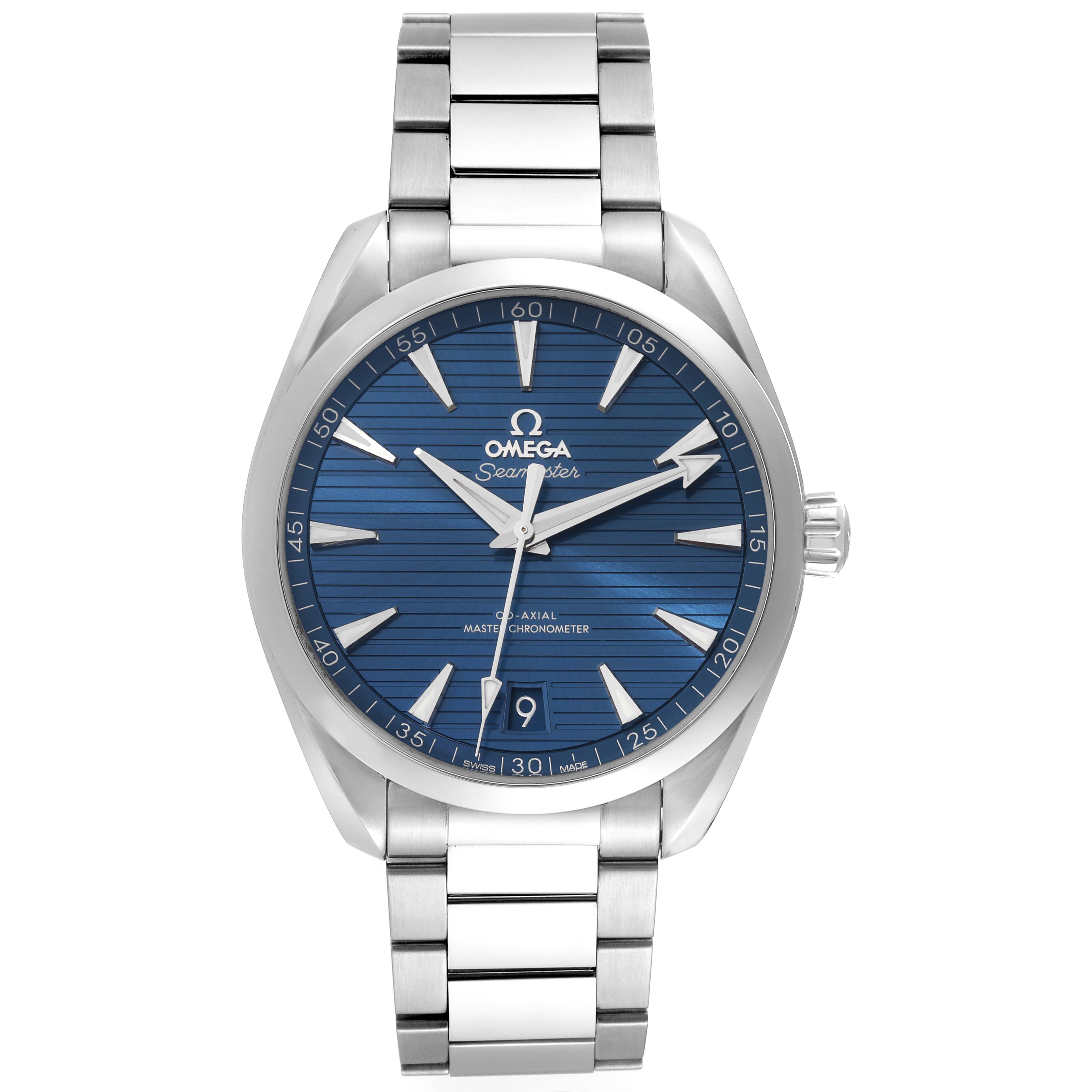 The image shows a front view of the Omega Aqua Terra 220.10.41.21.03.004 Men
s Stainless Steel Blue Dial 220.10.41.21.03.004 Men
s Stainless Steel Blue Dial model watch, highlighting its blue dial and metal bracelet.