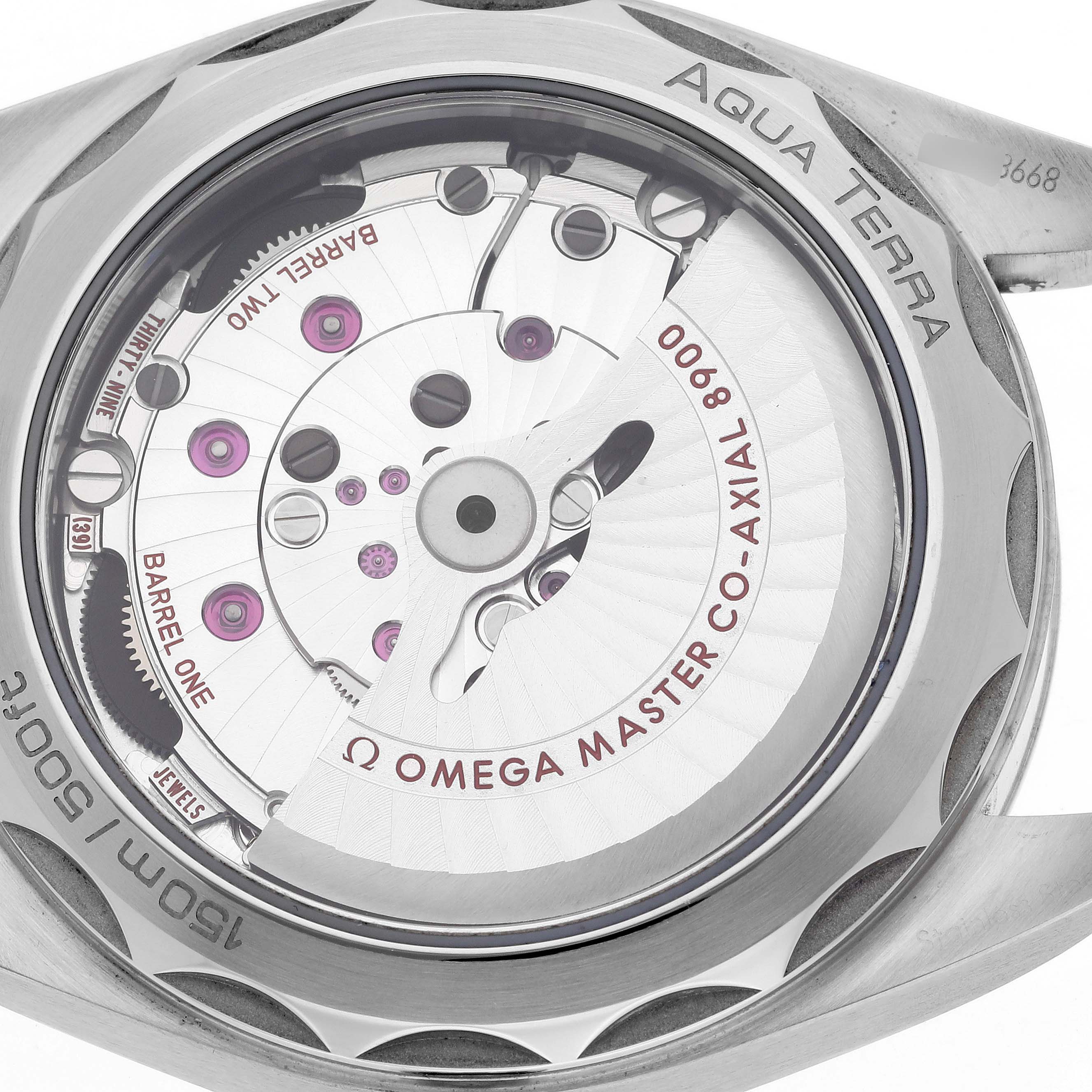 The image shows the back side of an Omega Aqua Terra 220.10.41.21.03.004 Men
s Stainless Steel Blue Dial 220.10.41.21.03.004 Men
s Stainless Steel Blue Dial watch, revealing the Omega Master Co-Axial 8900 movement.