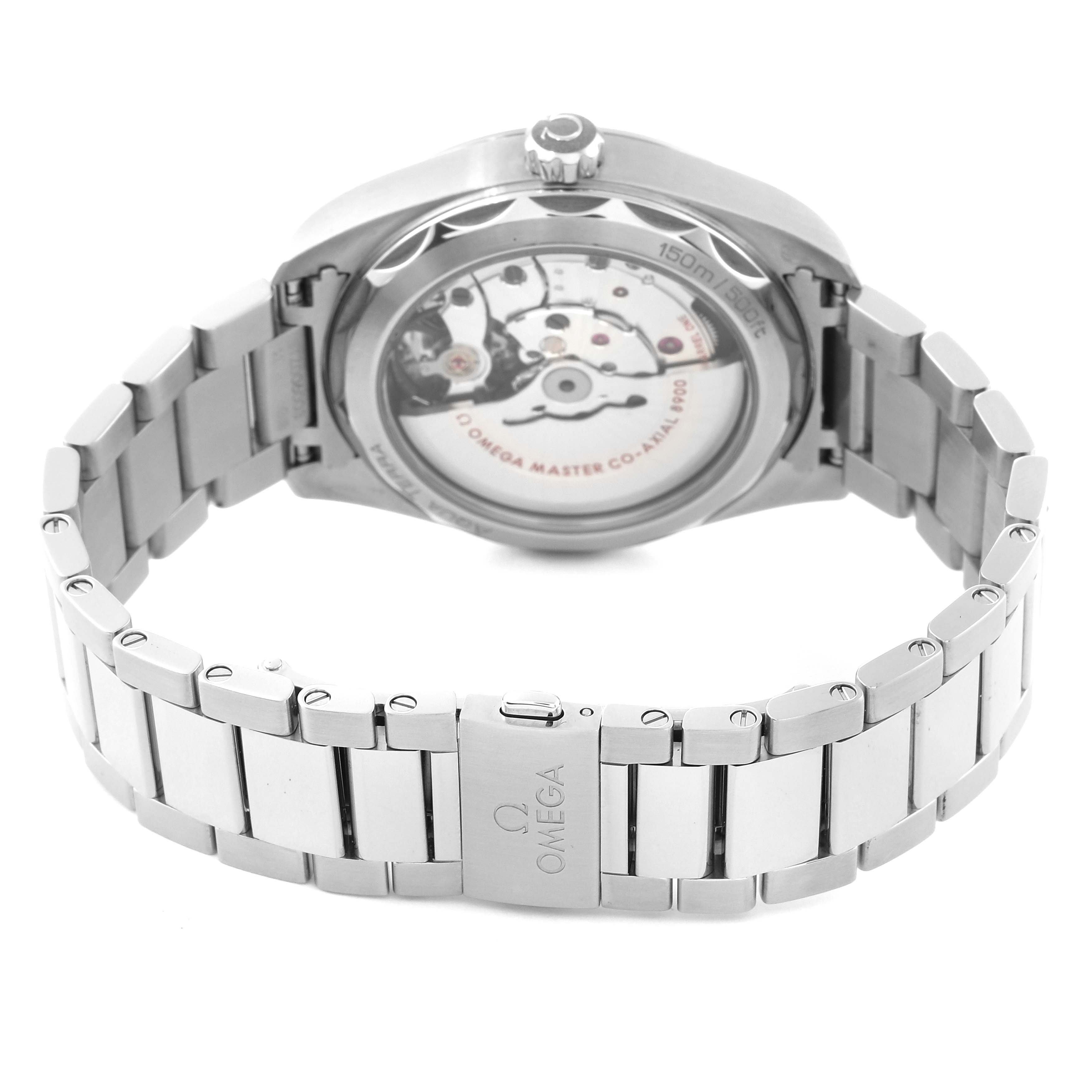 The image shows the back view of the Omega Aqua Terra 220.10.41.21.03.004 Men
s Stainless Steel Blue Dial 220.10.41.21.03.004 Men
s Stainless Steel Blue Dial watch, highlighting the open case back and metal bracelet.