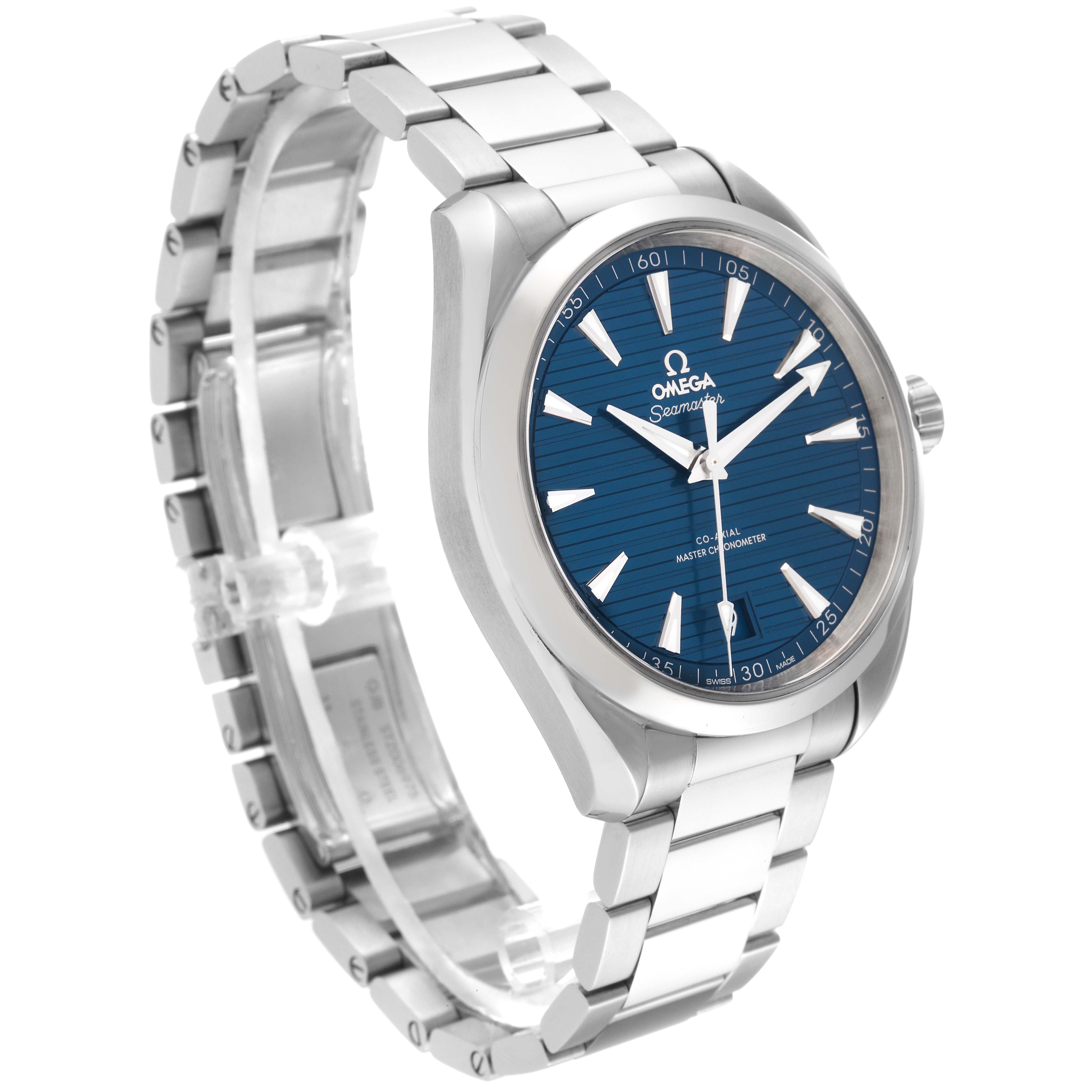 The Omega Aqua Terra 220.10.41.21.03.004 Men
s Stainless Steel Blue Dial 220.10.41.21.03.004 Men
s Stainless Steel Blue Dial watch is shown from a front and side angle, displaying the dial, bezel, crown, and metal bracelet.