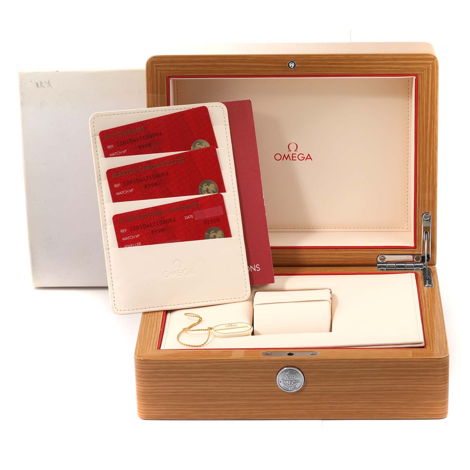 The image shows the Omega Aqua Terra 220.10.41.21.03.004 Men
s Stainless Steel Blue Dial 220.10.41.21.03.004 Men
s Stainless Steel Blue Dial watch box, warranty cards, and user manual from a front angle.