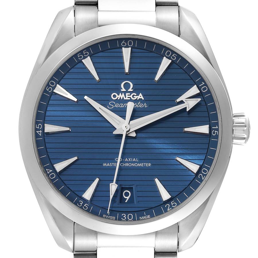 The image shows a head-on view of an Omega Seamaster Aqua Terra watch, highlighting the blue dial and date window.