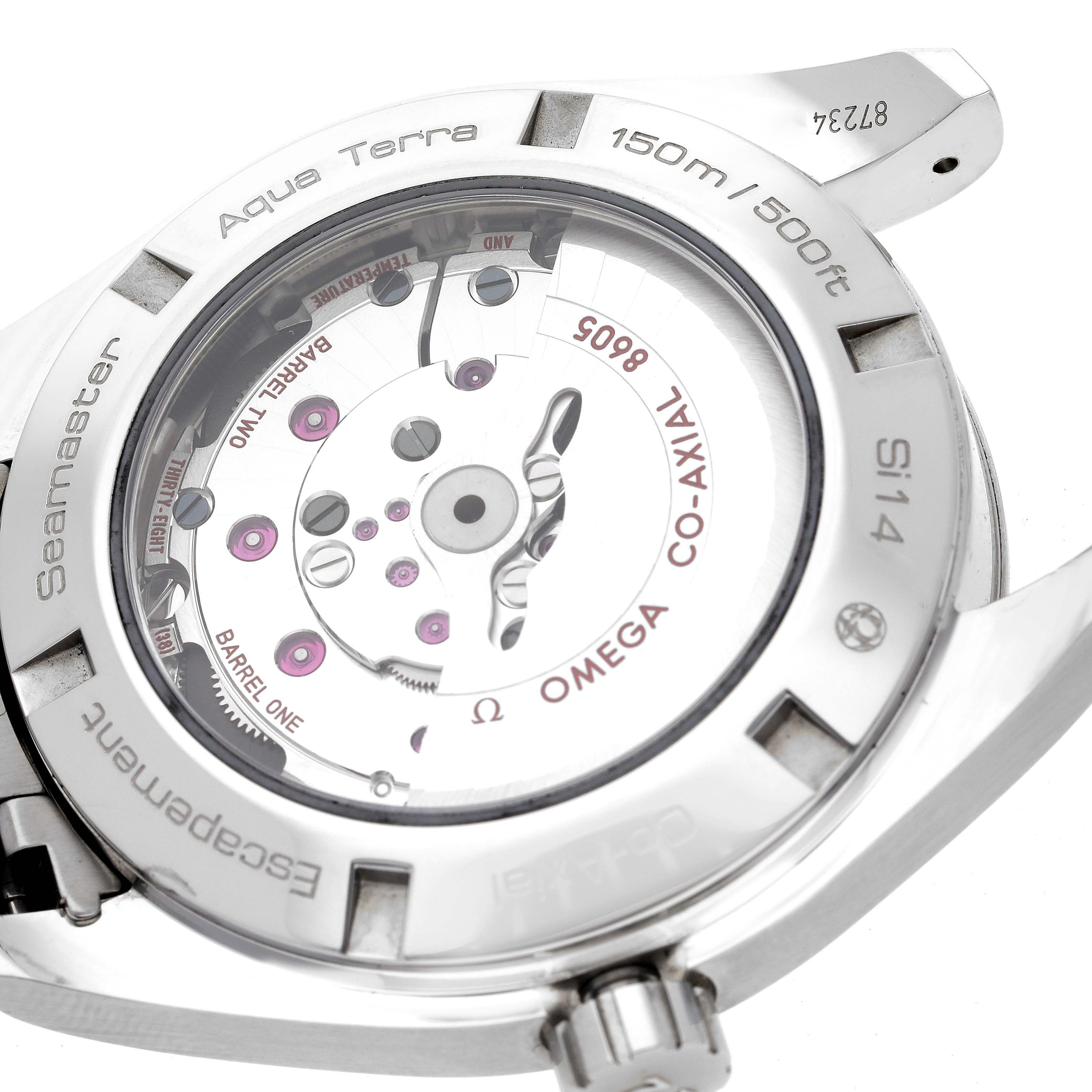 The image shows the back view of the Omega Aqua Terra 231.10.43.22.03.001 Men
s Stainless Steel Blue Dial 231.10.43.22.03.001 Men
s Stainless Steel Blue Dial watch, highlighting its co-axial movement and transparent case back.