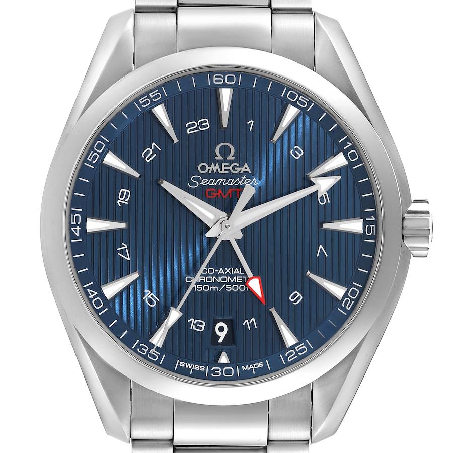 This image shows a front view of the Omega Aqua Terra watch, featuring its blue dial, date window, and metal bracelet.