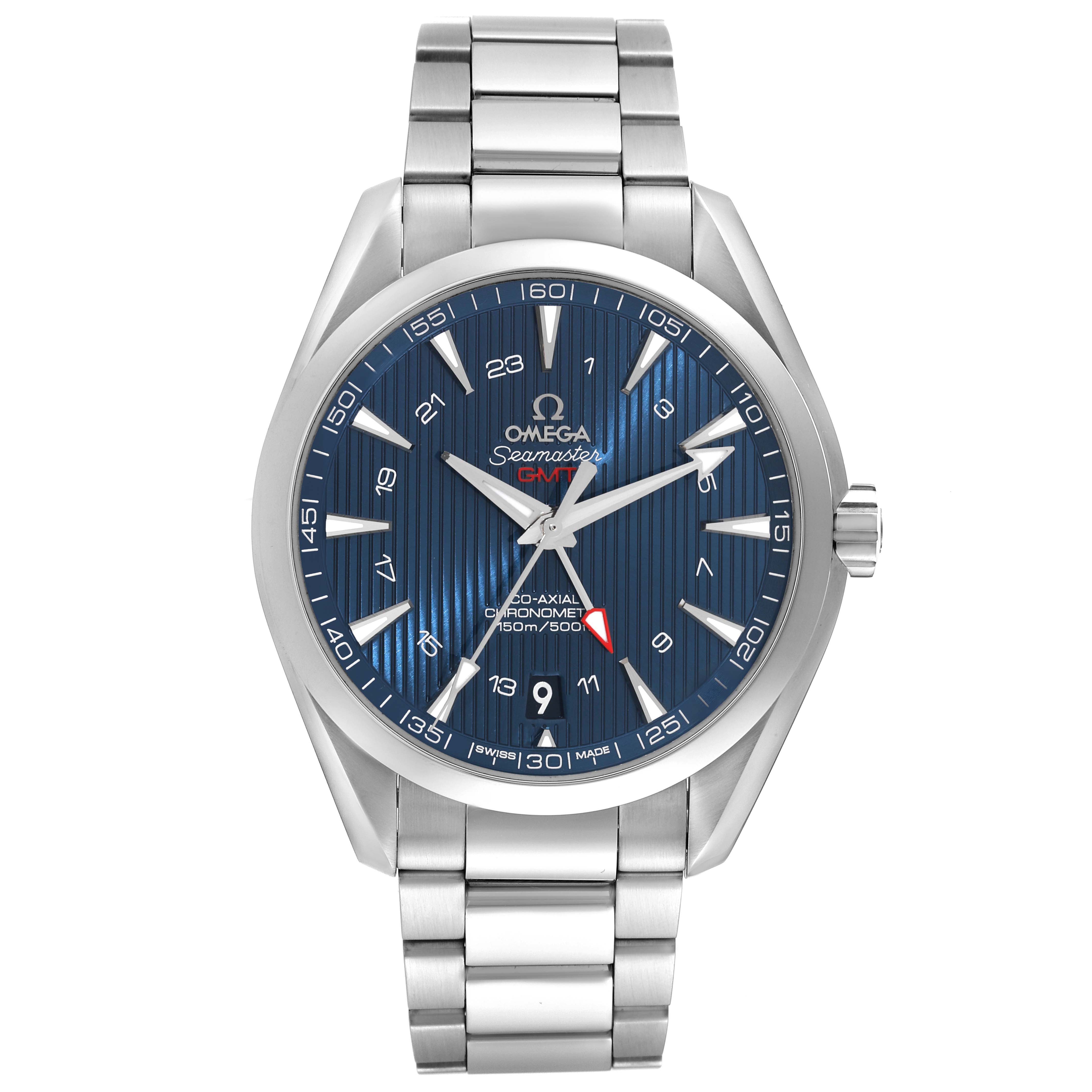 The image shows a front view of the Omega Aqua Terra 231.10.43.22.03.001 Men
s Stainless Steel Blue Dial 231.10.43.22.03.001 Men
s Stainless Steel Blue Dial watch, highlighting its blue dial and stainless steel bracelet.