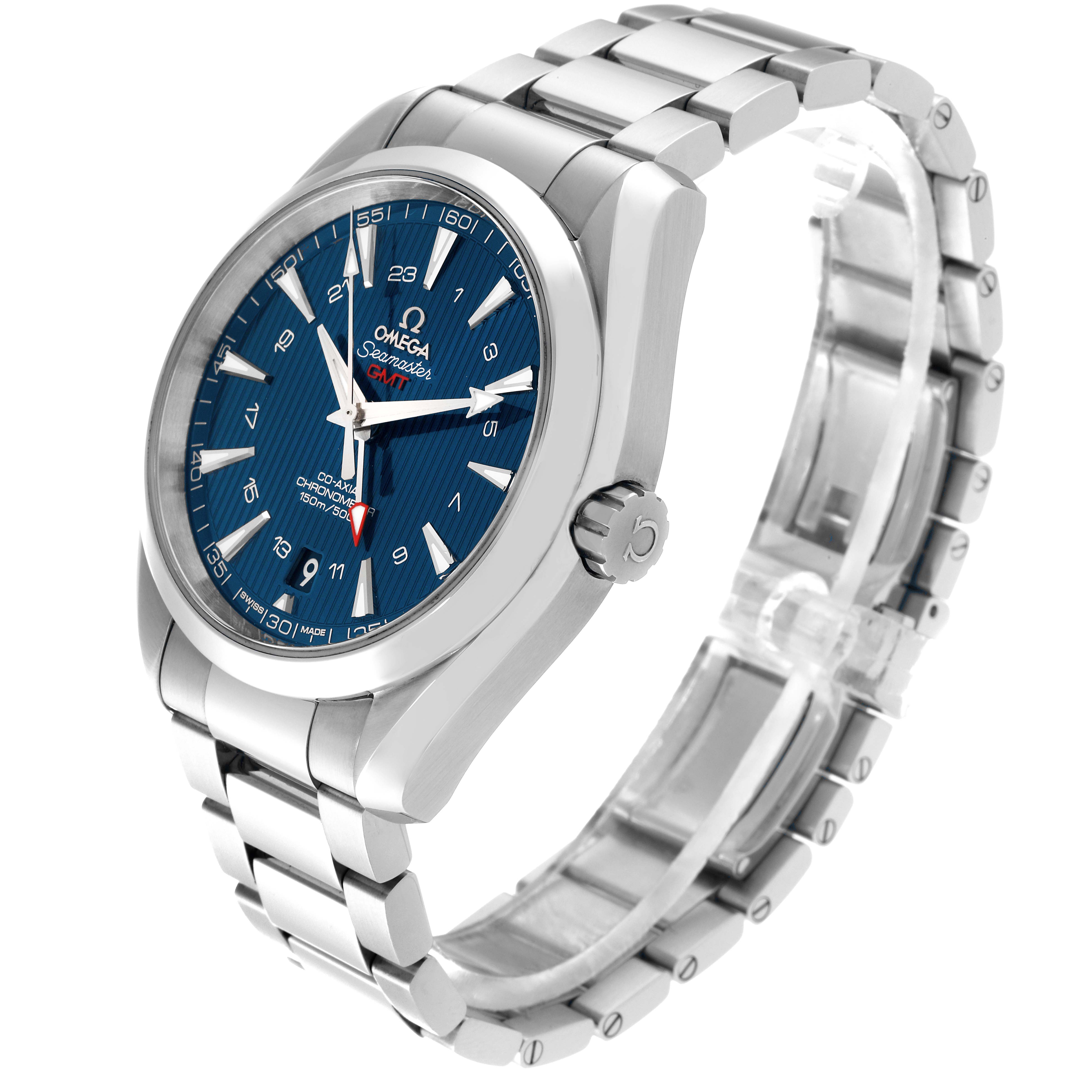 The image shows the Omega Aqua Terra 231.10.43.22.03.001 Men
s Stainless Steel Blue Dial 231.10.43.22.03.001 Men
s Stainless Steel Blue Dial watch at a slight angle, featuring the dial, bezel, crown, and bracelet.