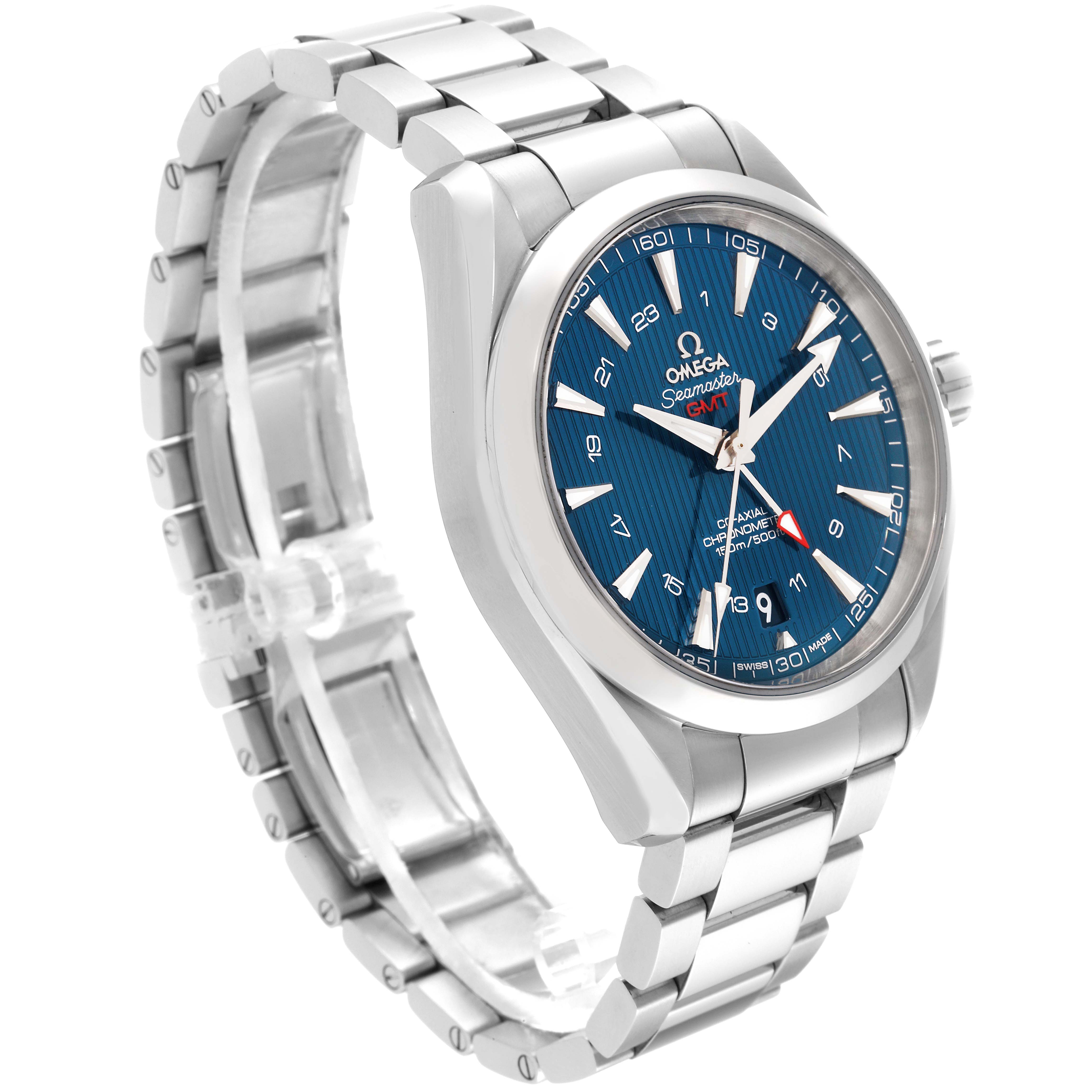 The image shows an Omega Aqua Terra 231.10.43.22.03.001 Men
s Stainless Steel Blue Dial 231.10.43.22.03.001 Men
s Stainless Steel Blue Dial watch at a three-quarter angle, highlighting the blue dial, stainless steel bracelet, and case.