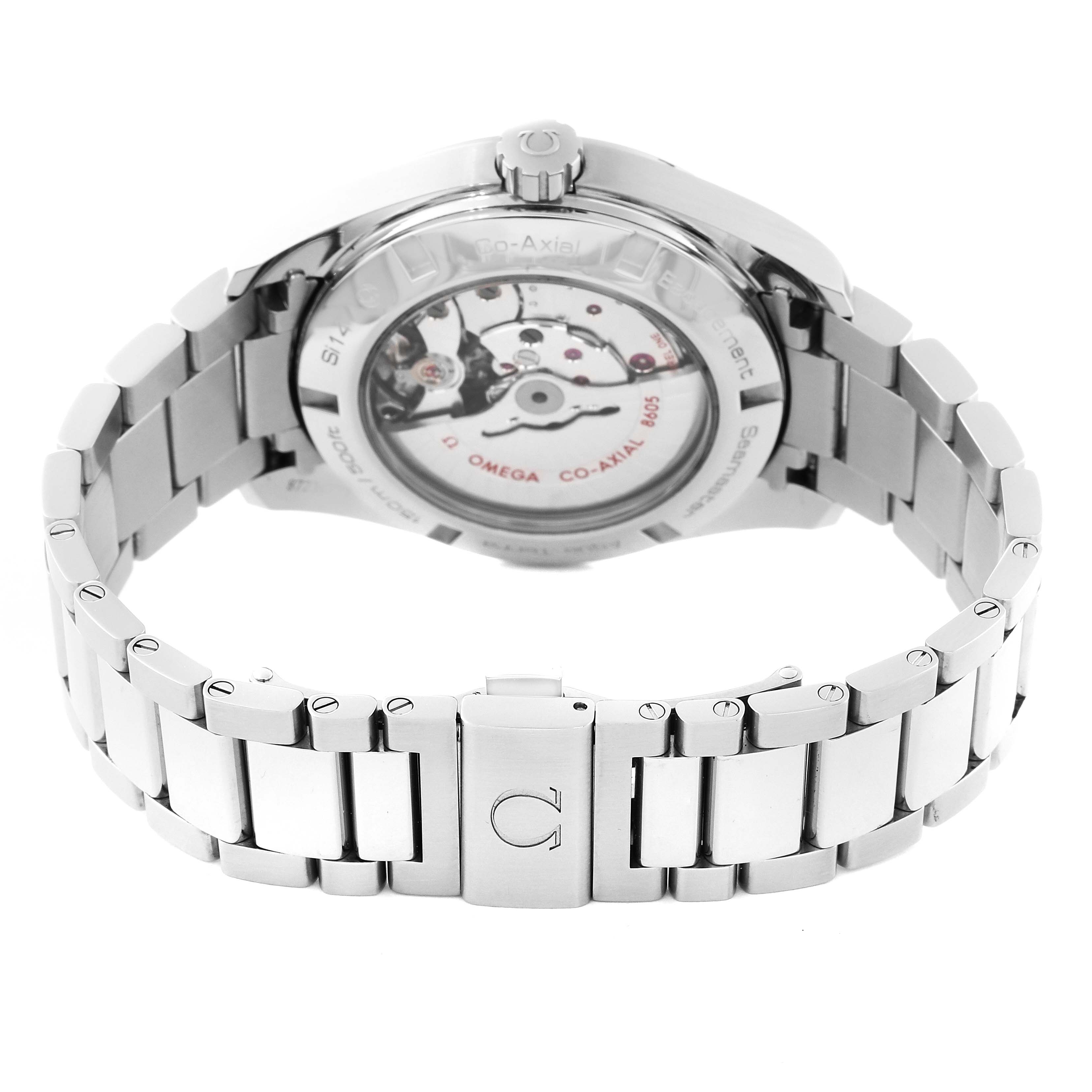 The Omega Aqua Terra 231.10.43.22.03.001 Men
s Stainless Steel Blue Dial 231.10.43.22.03.001 Men
s Stainless Steel Blue Dial watch is shown from the back angle, displaying the caseback and parts of the bracelet.