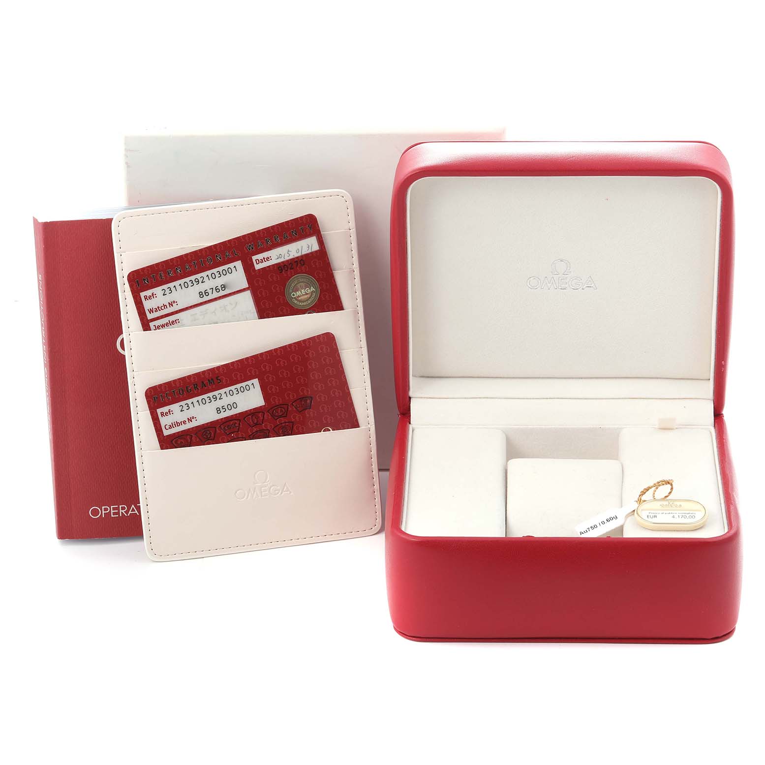 The image shows the Omega Aqua Terra 231.10.39.21.03.001 Men
s Stainless Steel Blue Dial 231.10.39.21.03.001 Men
s Stainless Steel Blue Dial watch box, cards, and case from a slightly elevated angle.