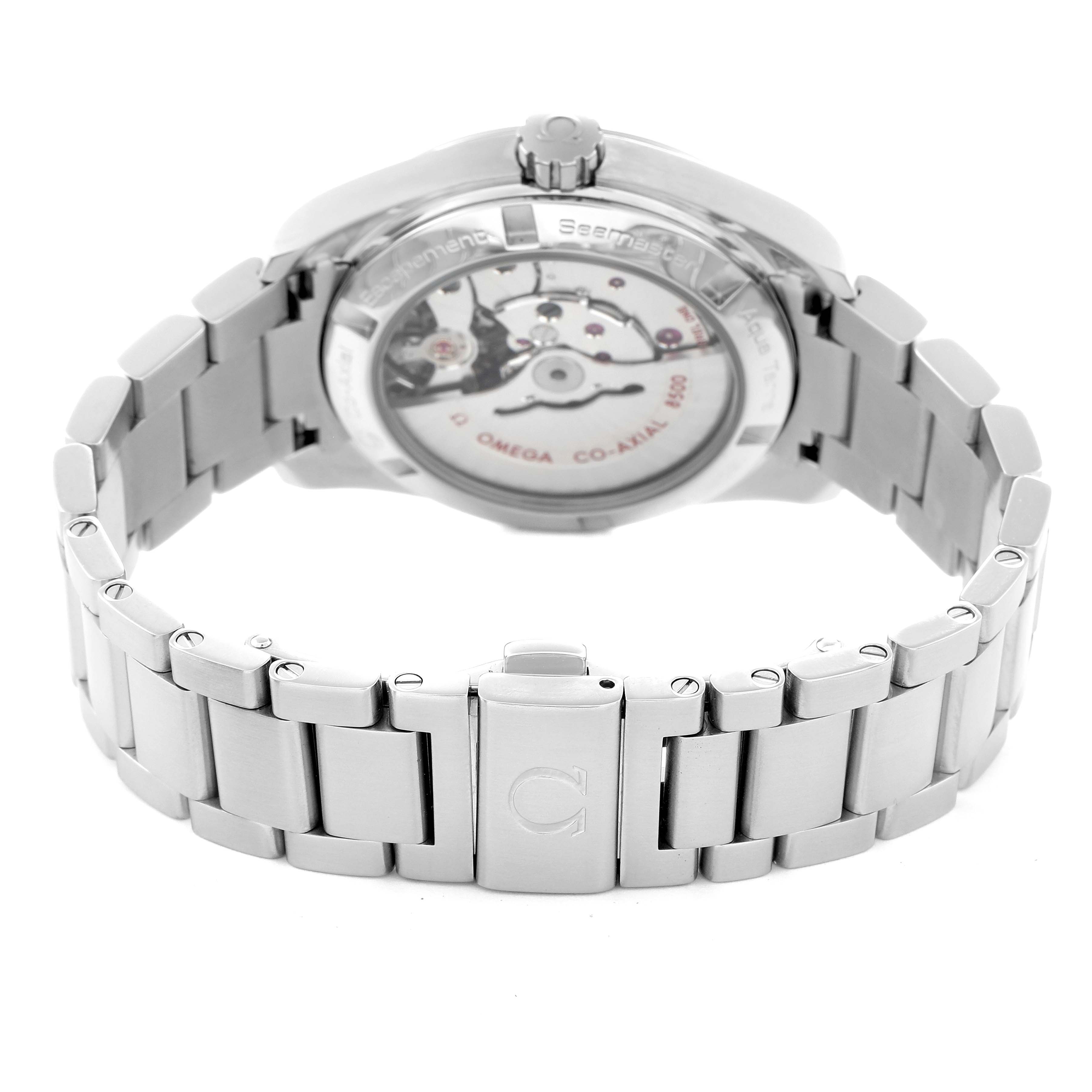 The image shows the back view of the Omega Aqua Terra 231.10.39.21.03.001 Men
s Stainless Steel Blue Dial 231.10.39.21.03.001 Men
s Stainless Steel Blue Dial watch, highlighting the movement and metal bracelet.