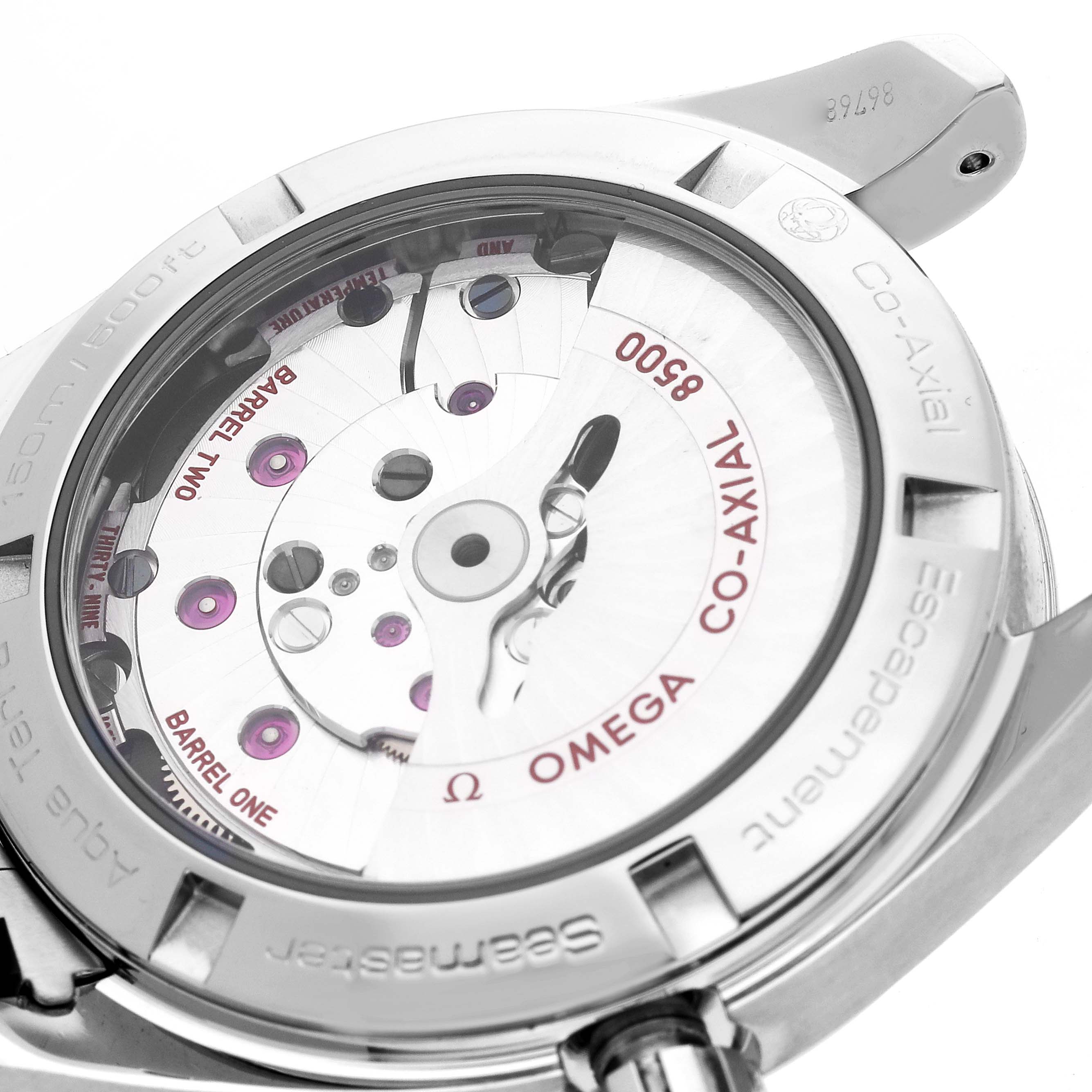 The image shows the back view of the Omega Aqua Terra 231.10.39.21.03.001 Men
s Stainless Steel Blue Dial 231.10.39.21.03.001 Men
s Stainless Steel Blue Dial, highlighting its Co-Axial movement and internal mechanisms.