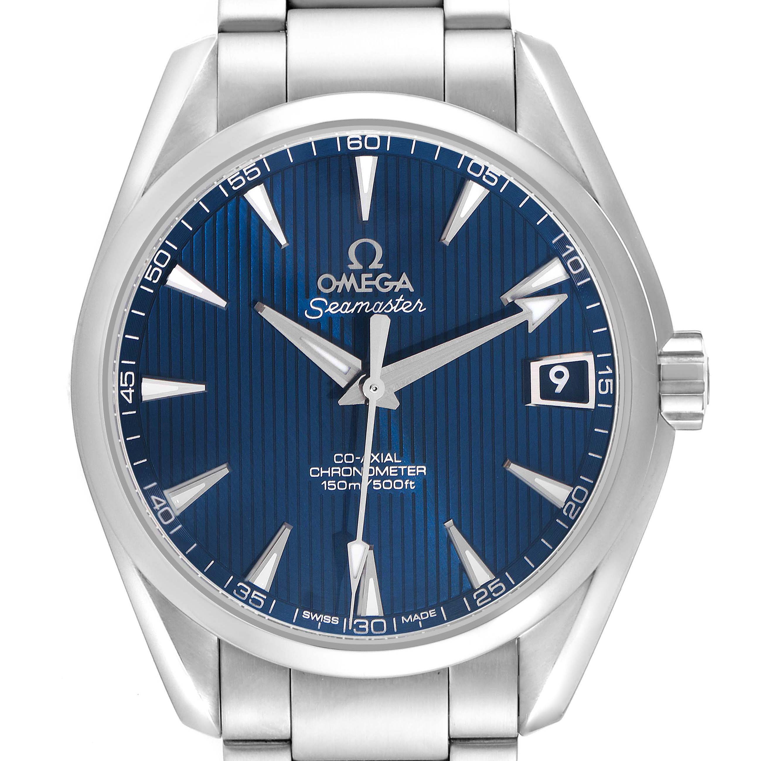 The image shows the dial and bezel of an Omega Aqua Terra 231.10.39.21.03.001 Men
s Stainless Steel Blue Dial 231.10.39.21.03.001 Men
s Stainless Steel Blue Dial watch from a front angle.