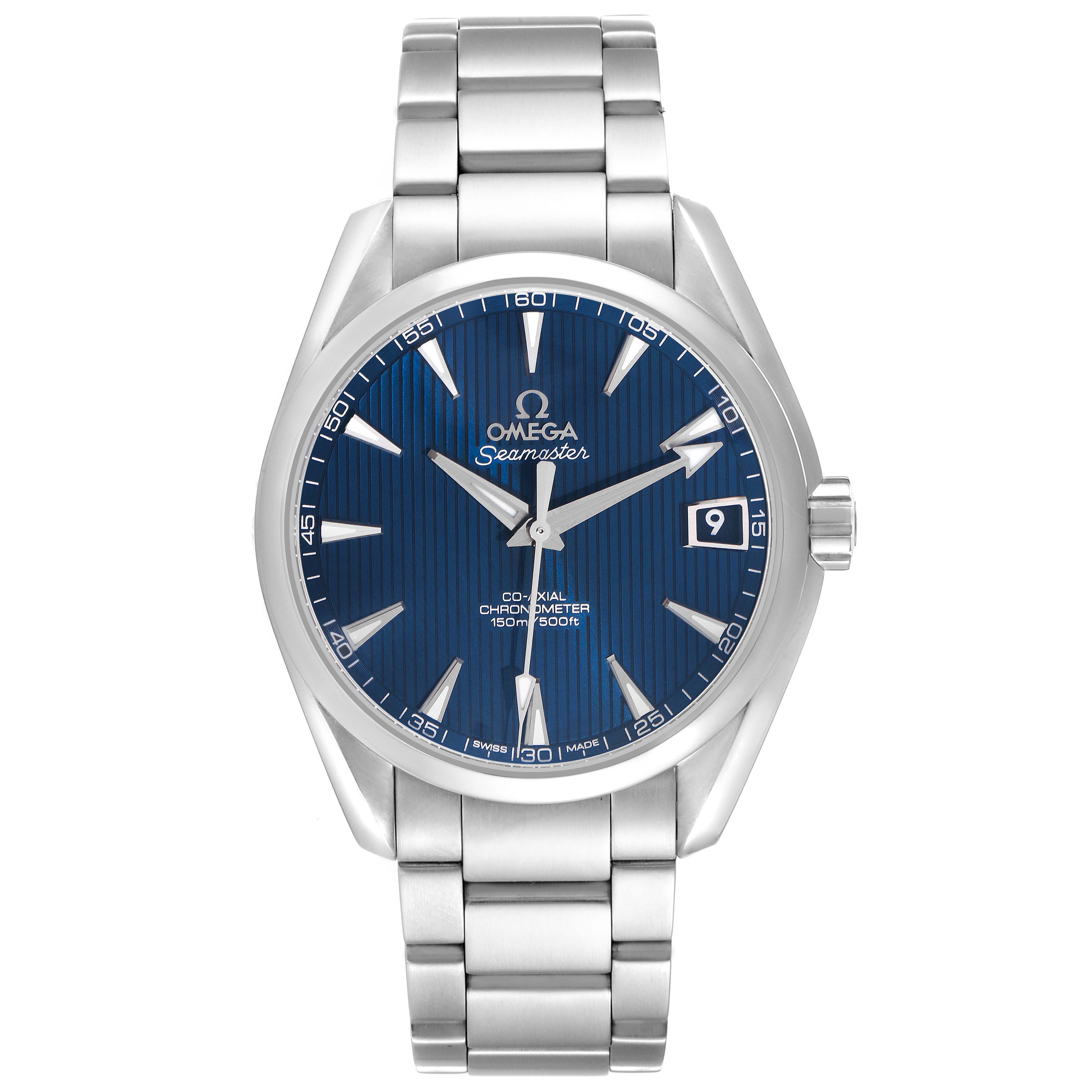 The Omega Aqua Terra 231.10.39.21.03.001 Men
s Stainless Steel Blue Dial 231.10.39.21.03.001 Men
s Stainless Steel Blue Dial watch is shown from a front view, displaying the face, bezel, and bracelet.