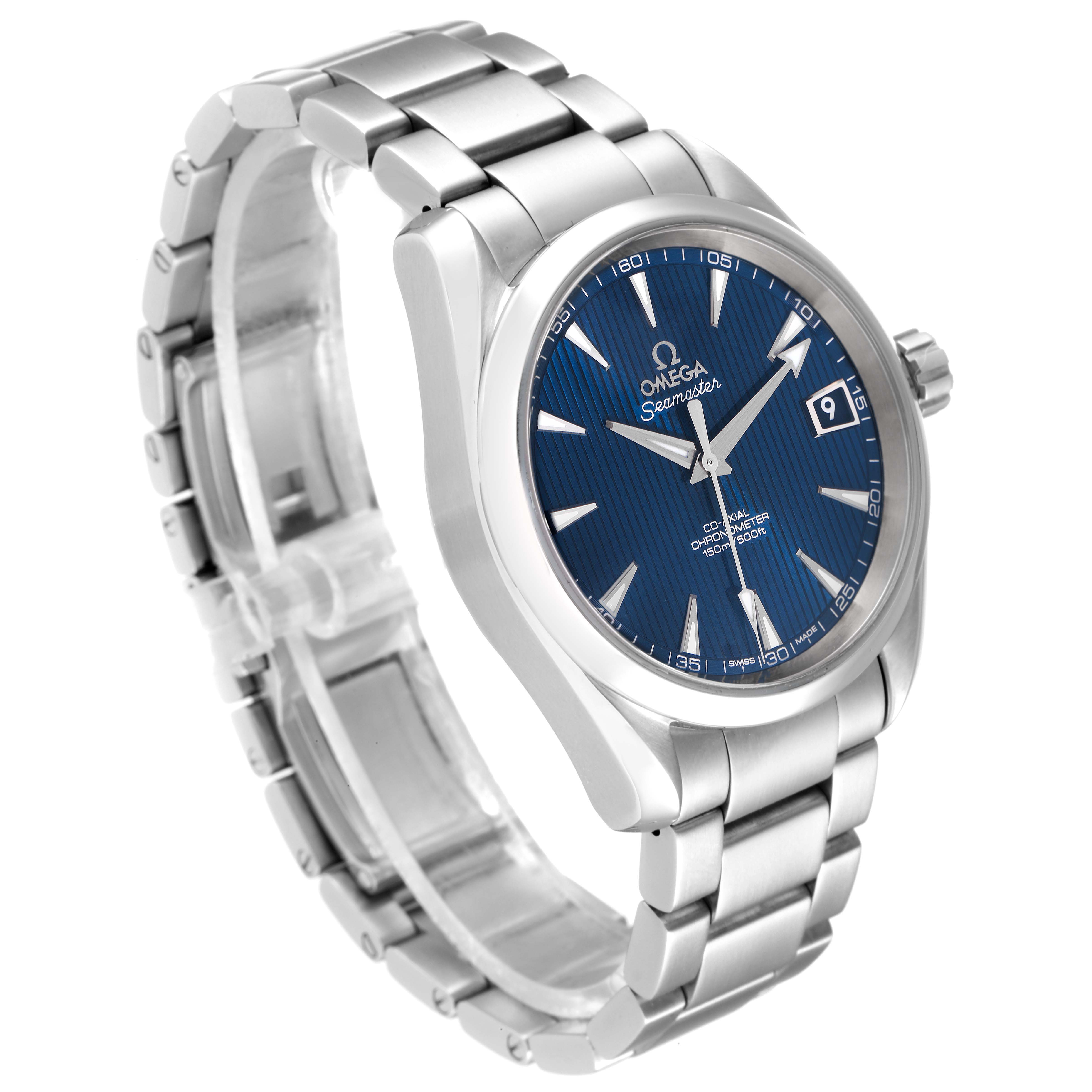 The Omega Aqua Terra 231.10.39.21.03.001 Men
s Stainless Steel Blue Dial 231.10.39.21.03.001 Men
s Stainless Steel Blue Dial watch is shown at a three-quarter angle, highlighting its blue dial, stainless steel bracelet, and date display.
