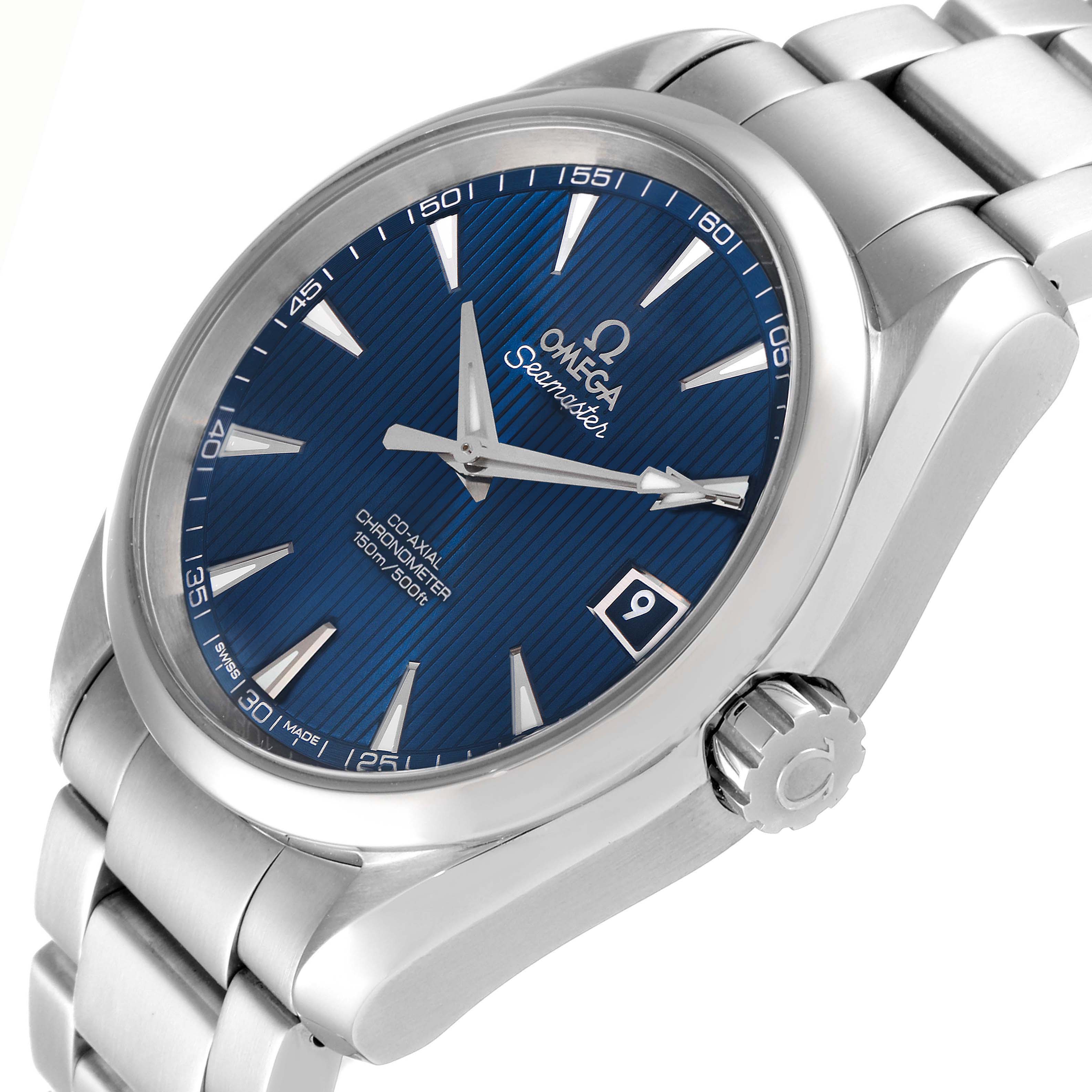 The Omega Aqua Terra 231.10.39.21.03.001 Men
s Stainless Steel Blue Dial 231.10.39.21.03.001 Men
s Stainless Steel Blue Dial watch is shown at a slight angle, displaying the blue dial, steel bracelet, and crown.