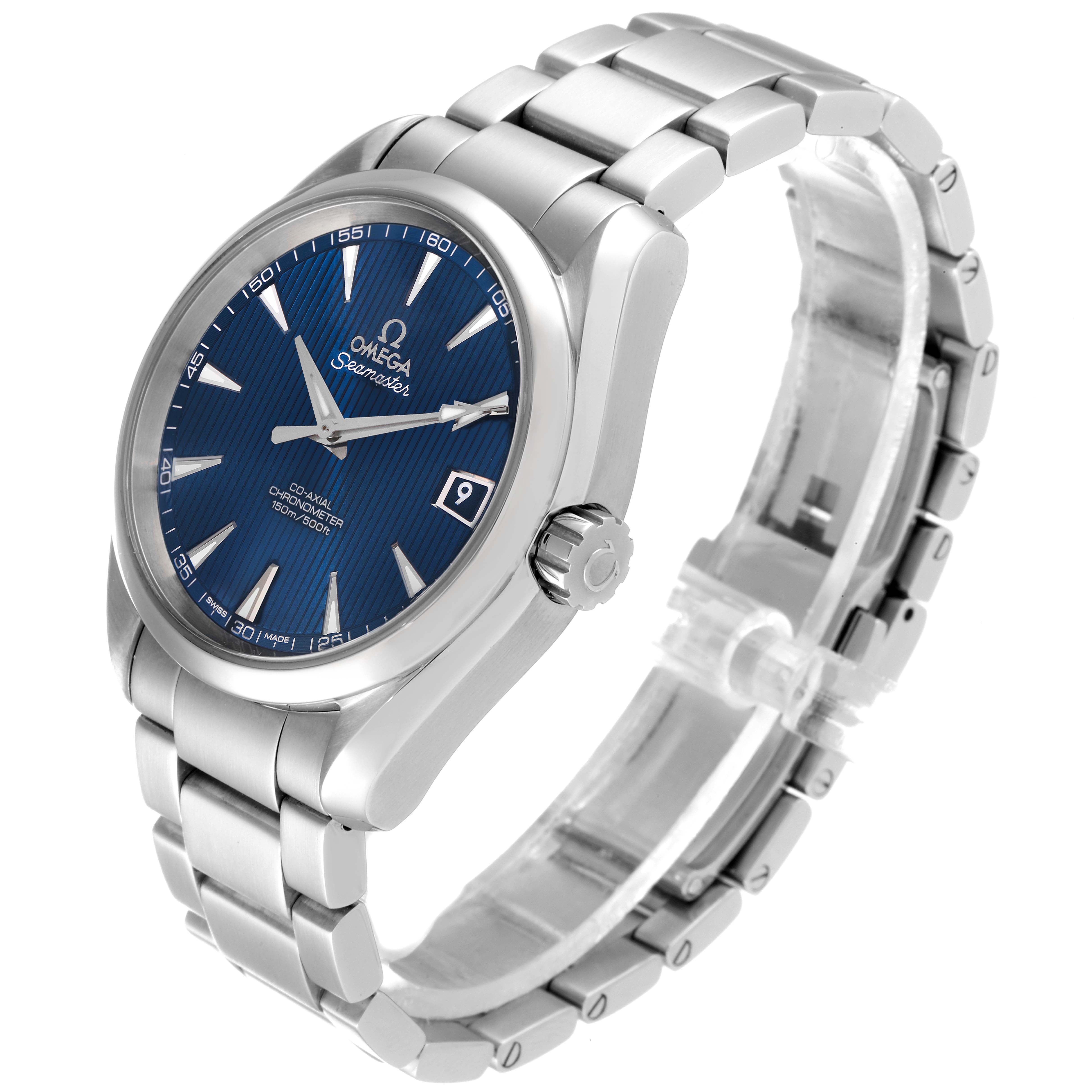 The Omega Aqua Terra 231.10.39.21.03.001 Men
s Stainless Steel Blue Dial 231.10.39.21.03.001 Men
s Stainless Steel Blue Dial watch is shown at an angled side view, highlighting the face, crown, and bracelet.