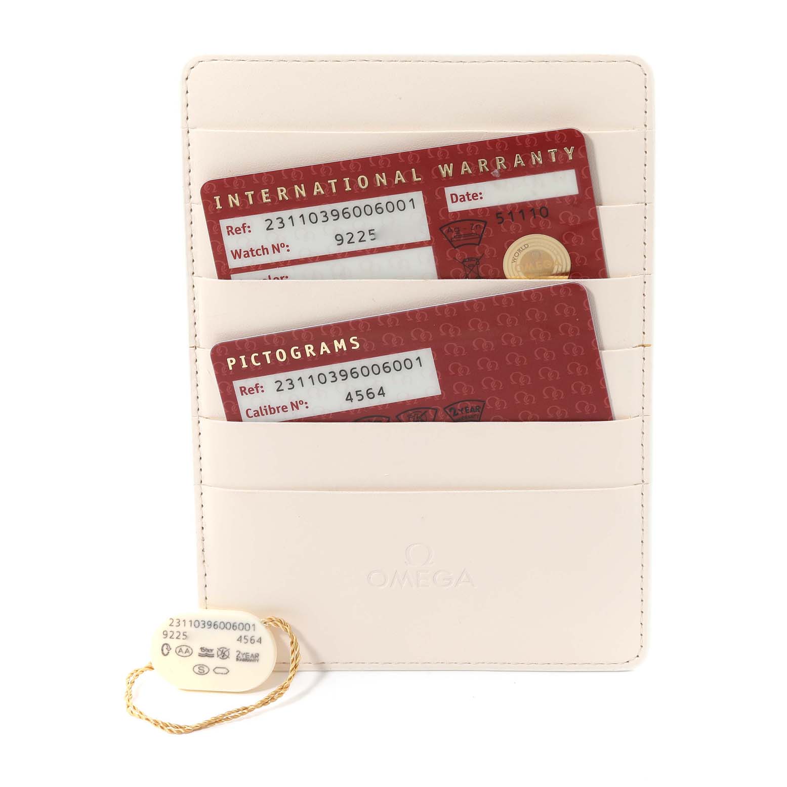 The image shows the warranty cards and a tag for the Omega Aqua Terra 231.10.39.60.06.001 Men's Stainless Steel Grey Dial 231.10.39.60.06.001 Men's Stainless Steel Grey Dial watch model.