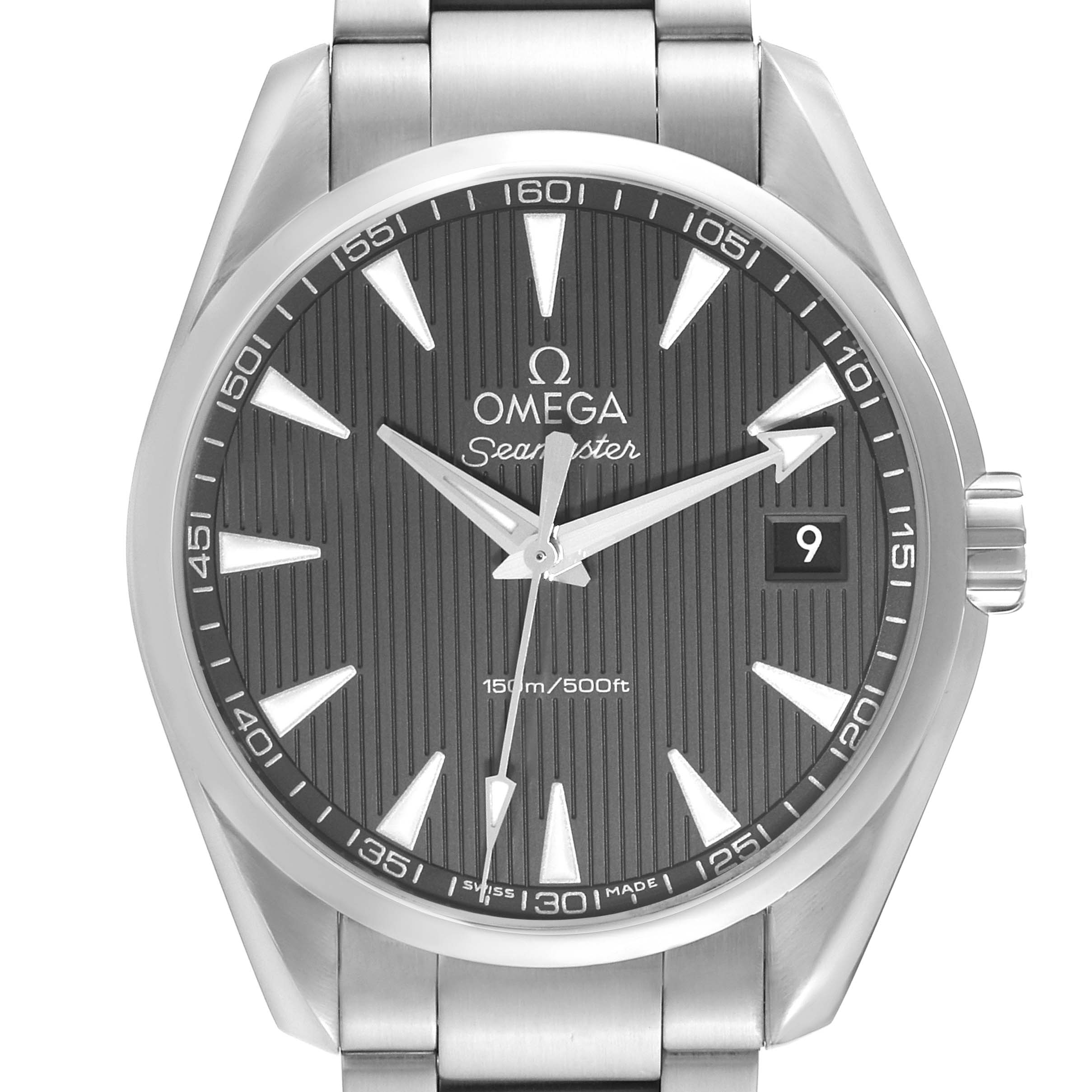 This image shows a front view of the Omega Aqua Terra 231.10.39.60.06.001 Men's Stainless Steel Grey Dial 231.10.39.60.06.001 Men's Stainless Steel Grey Dial watch, capturing its face, hands, and partial bracelet.