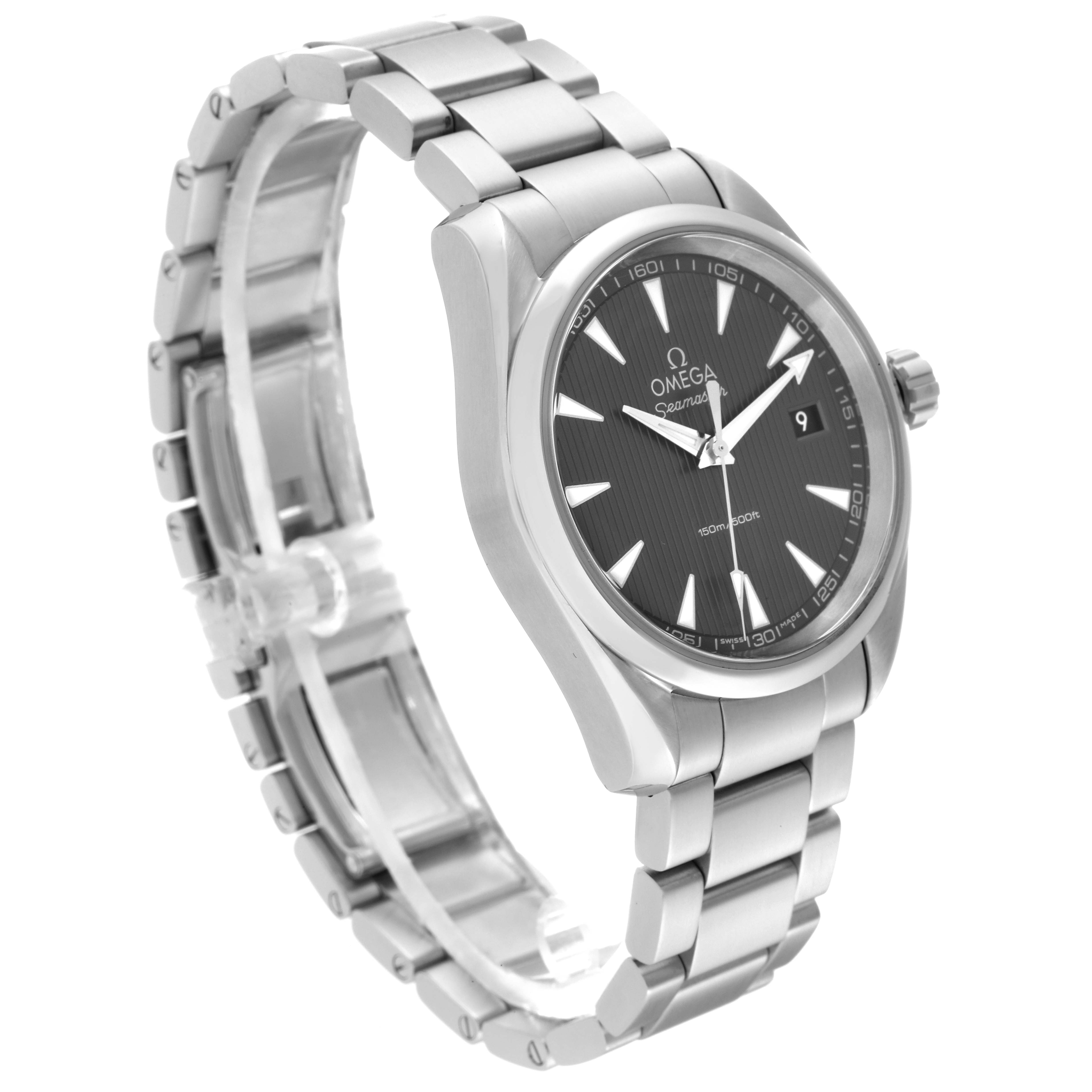 The image shows a 3/4 view of the Omega Aqua Terra 231.10.39.60.06.001 Men's Stainless Steel Grey Dial 231.10.39.60.06.001 Men's Stainless Steel Grey Dial wristwatch, highlighting its black dial, date window, and metal bracelet.