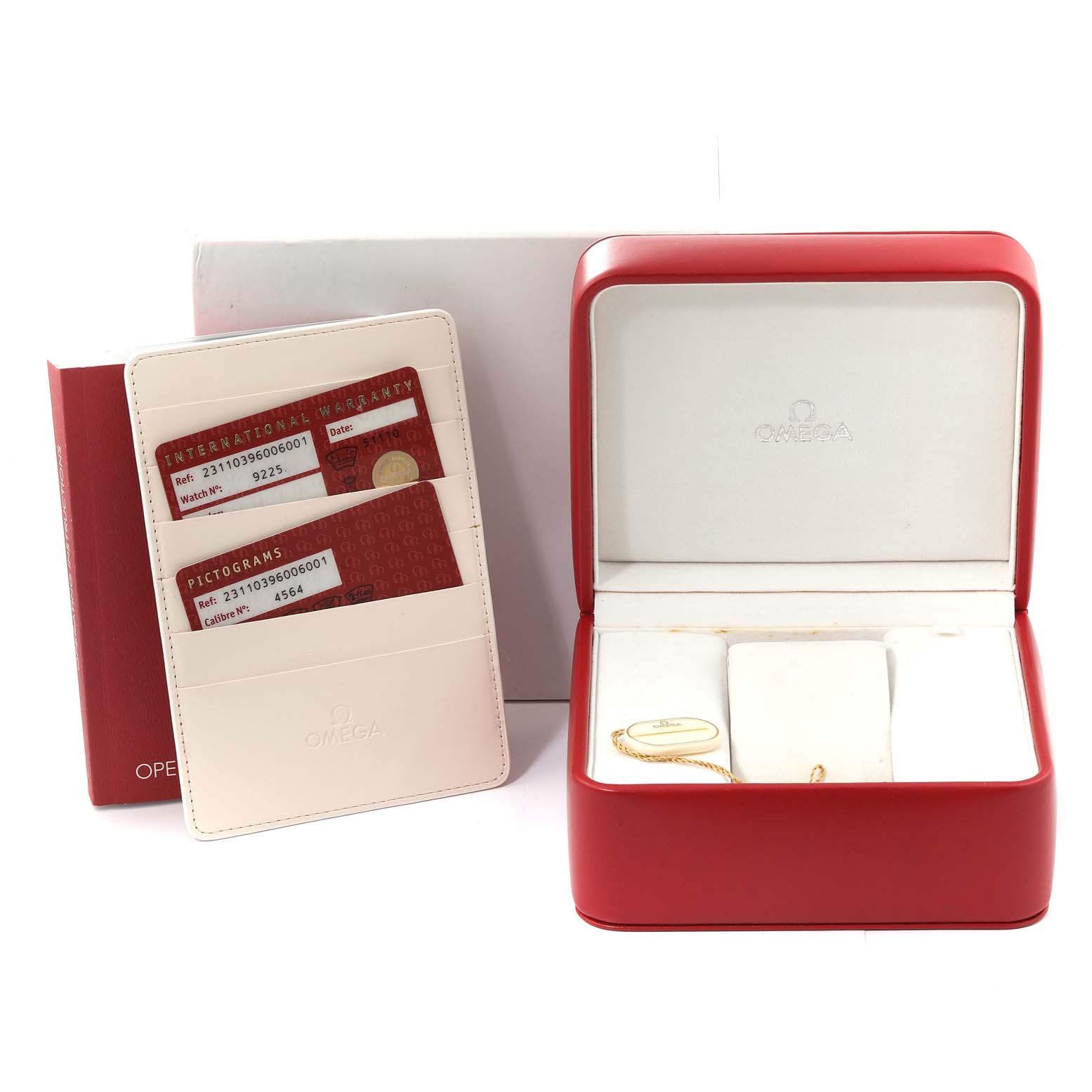 The image shows a red Omega watch box, warranty cards, and an instruction manual for the Aqua Terra model.