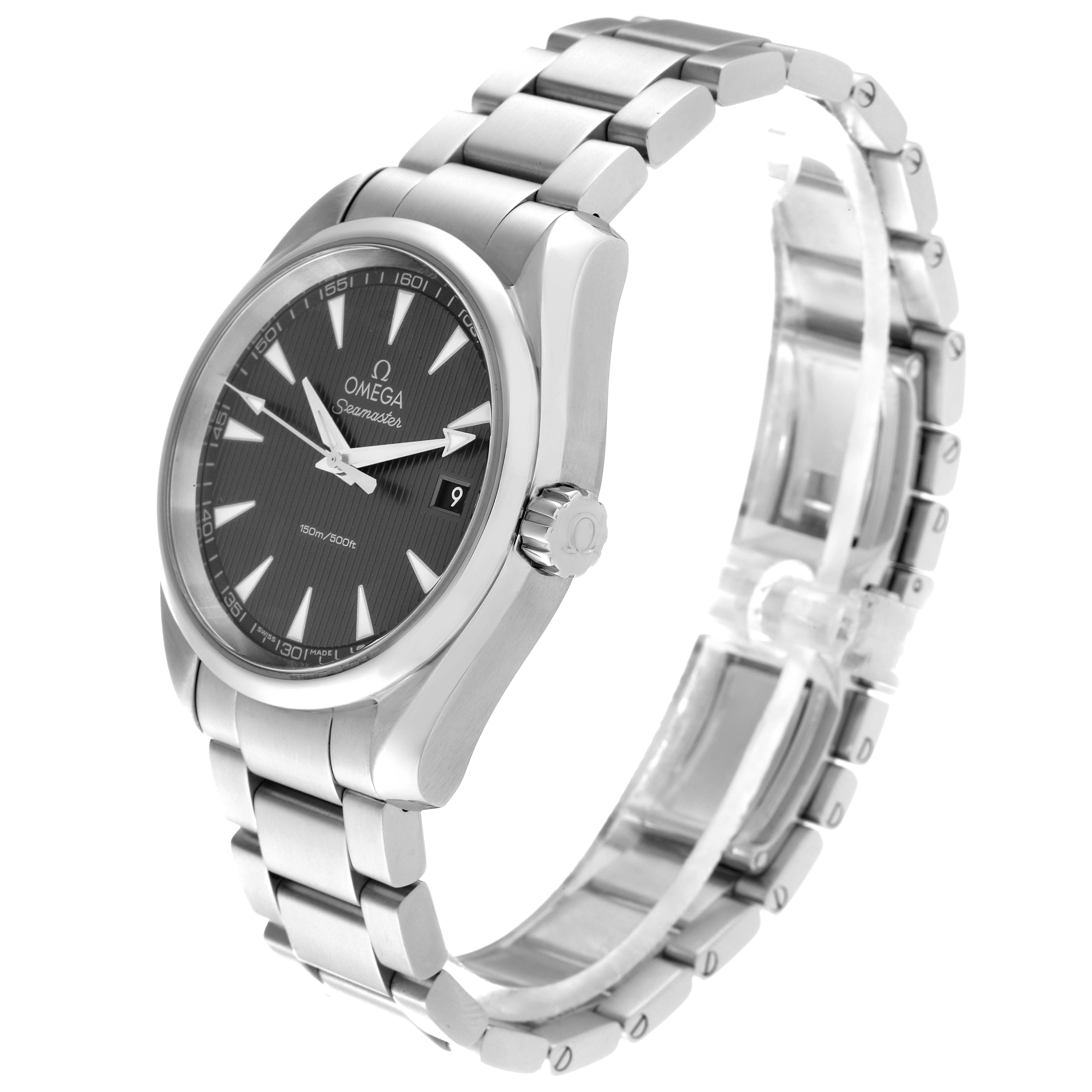 The Omega Aqua Terra 231.10.39.60.06.001 Men's Stainless Steel Grey Dial 231.10.39.60.06.001 Men's Stainless Steel Grey Dial watch is shown at an angle, displaying its face, crown, and stainless steel bracelet.