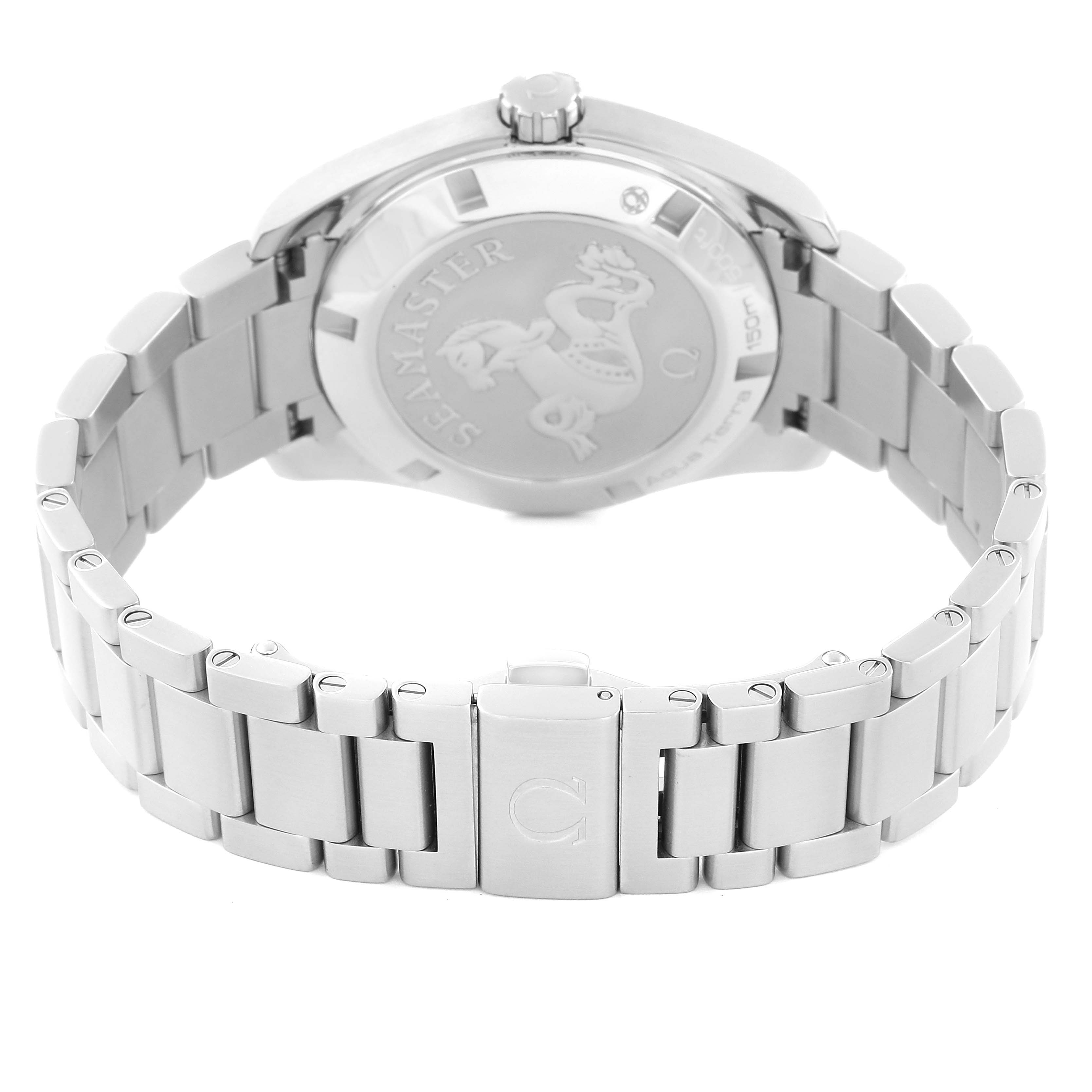 The image shows the back case, bracelet, and clasp of the Omega Aqua Terra 231.10.39.60.06.001 Men's Stainless Steel Grey Dial 231.10.39.60.06.001 Men's Stainless Steel Grey Dial watch from a rear angle.