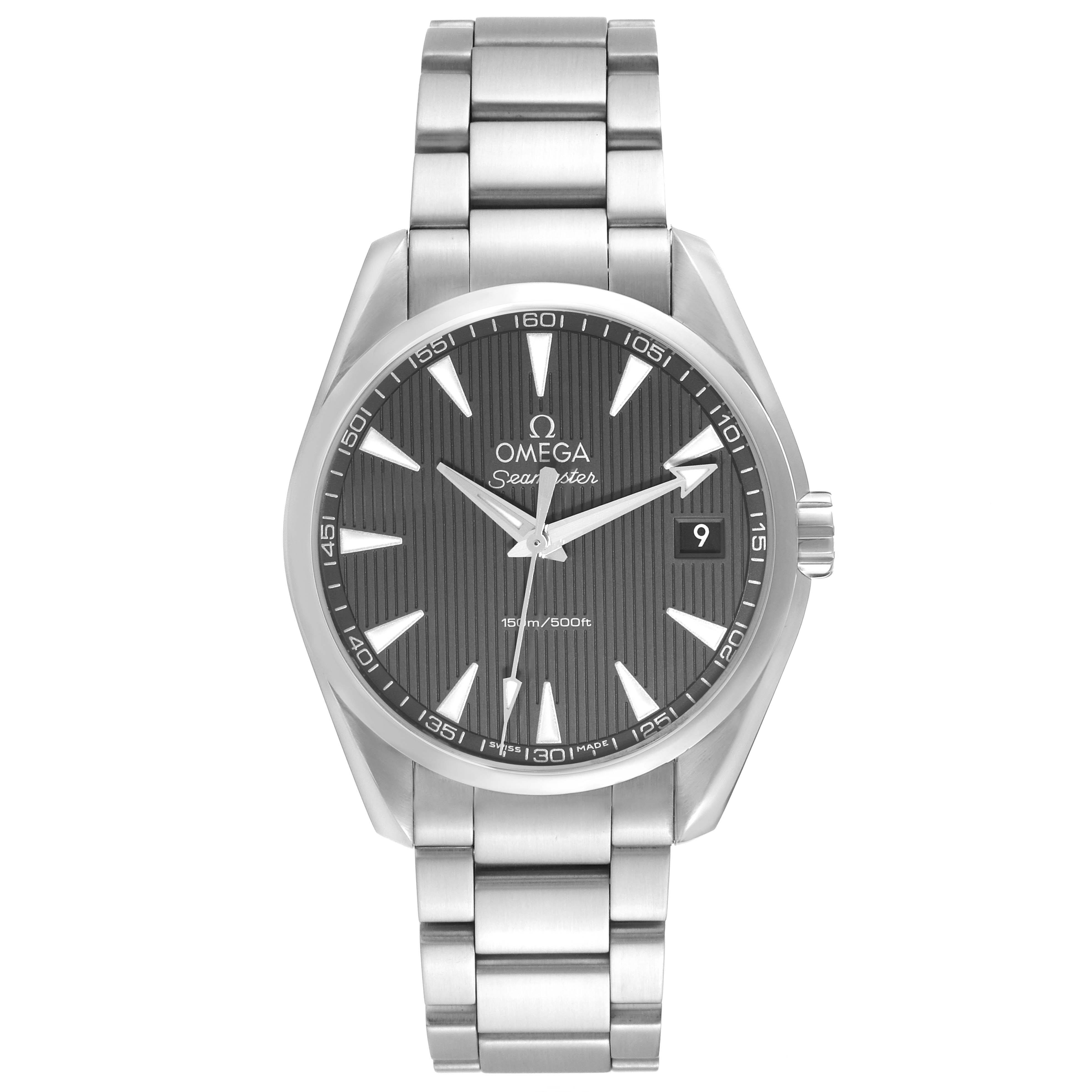 The image shows a front view of the Omega Aqua Terra 231.10.39.60.06.001 Men's Stainless Steel Grey Dial 231.10.39.60.06.001 Men's Stainless Steel Grey Dial watch, highlighting its face, dial, bracelet, and crown.