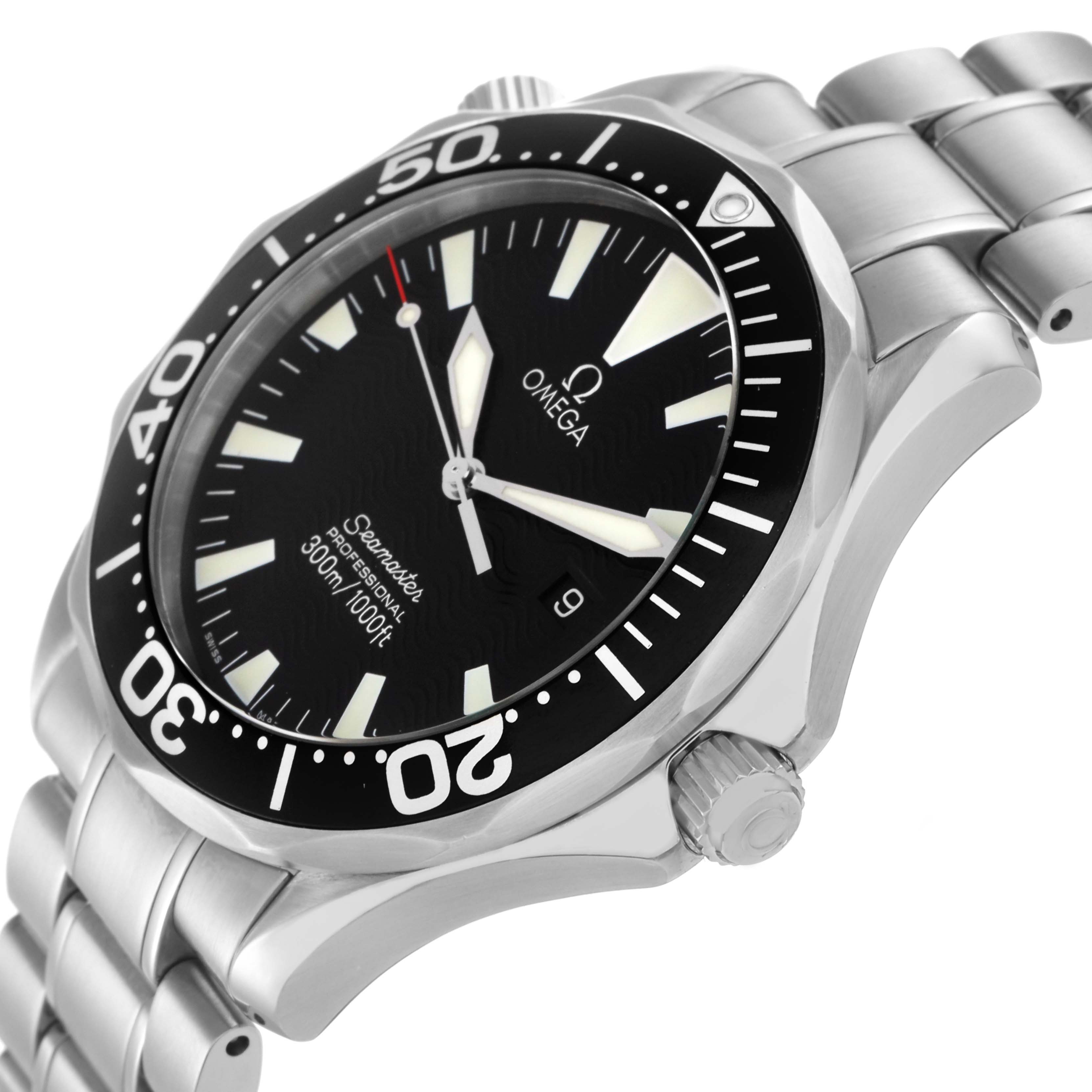 The Omega Seamaster 2264.50.00 Men
s Stainless Steel Black Dial 2264.50.00 Men
s Stainless Steel Black Dial watch is shown at an angled side view, displaying the bezel, crown, and bracelet links.