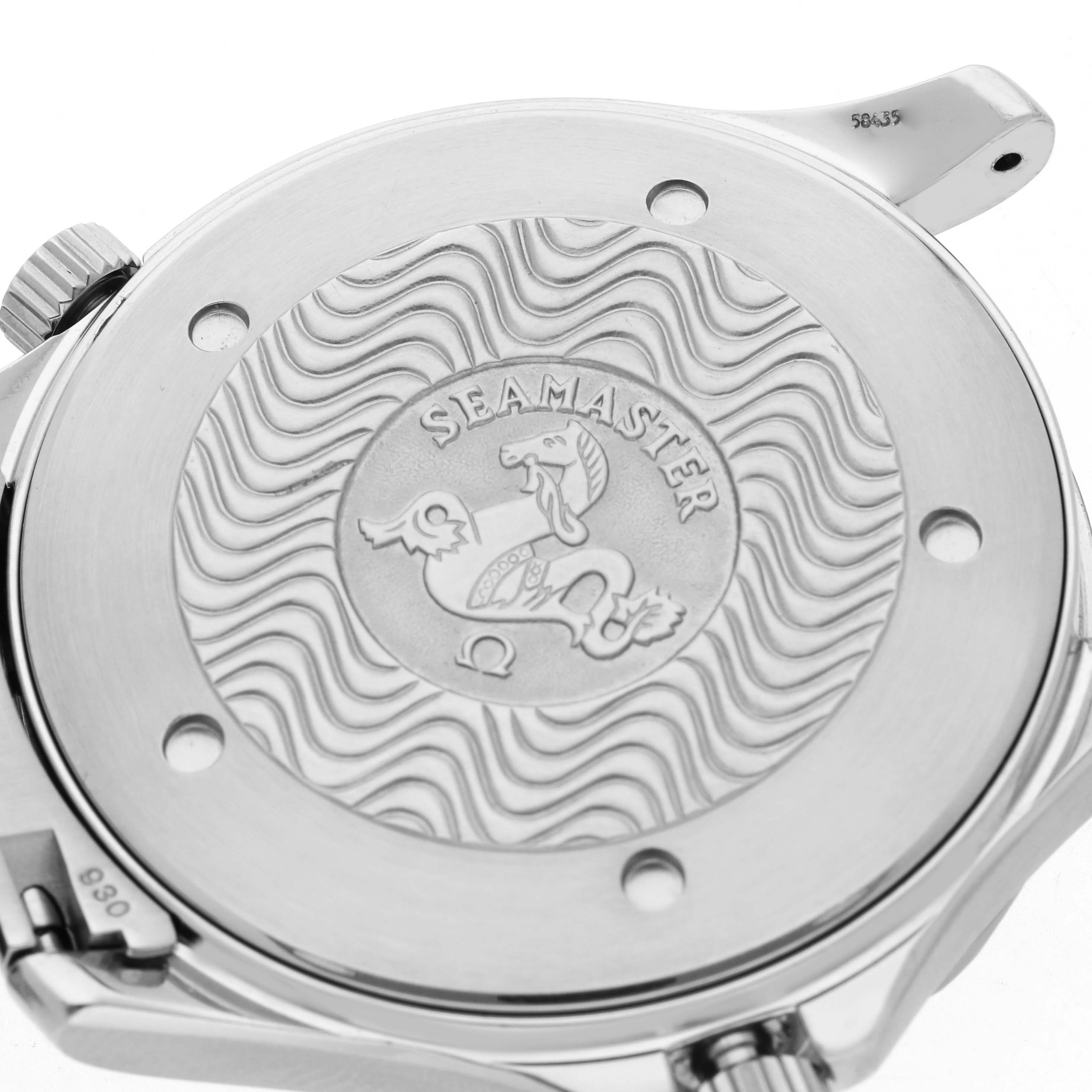 The image shows the back case of an Omega Seamaster 2264.50.00 Men
s Stainless Steel Black Dial 2264.50.00 Men
s Stainless Steel Black Dial watch, featuring its engraved logo and wavy pattern.